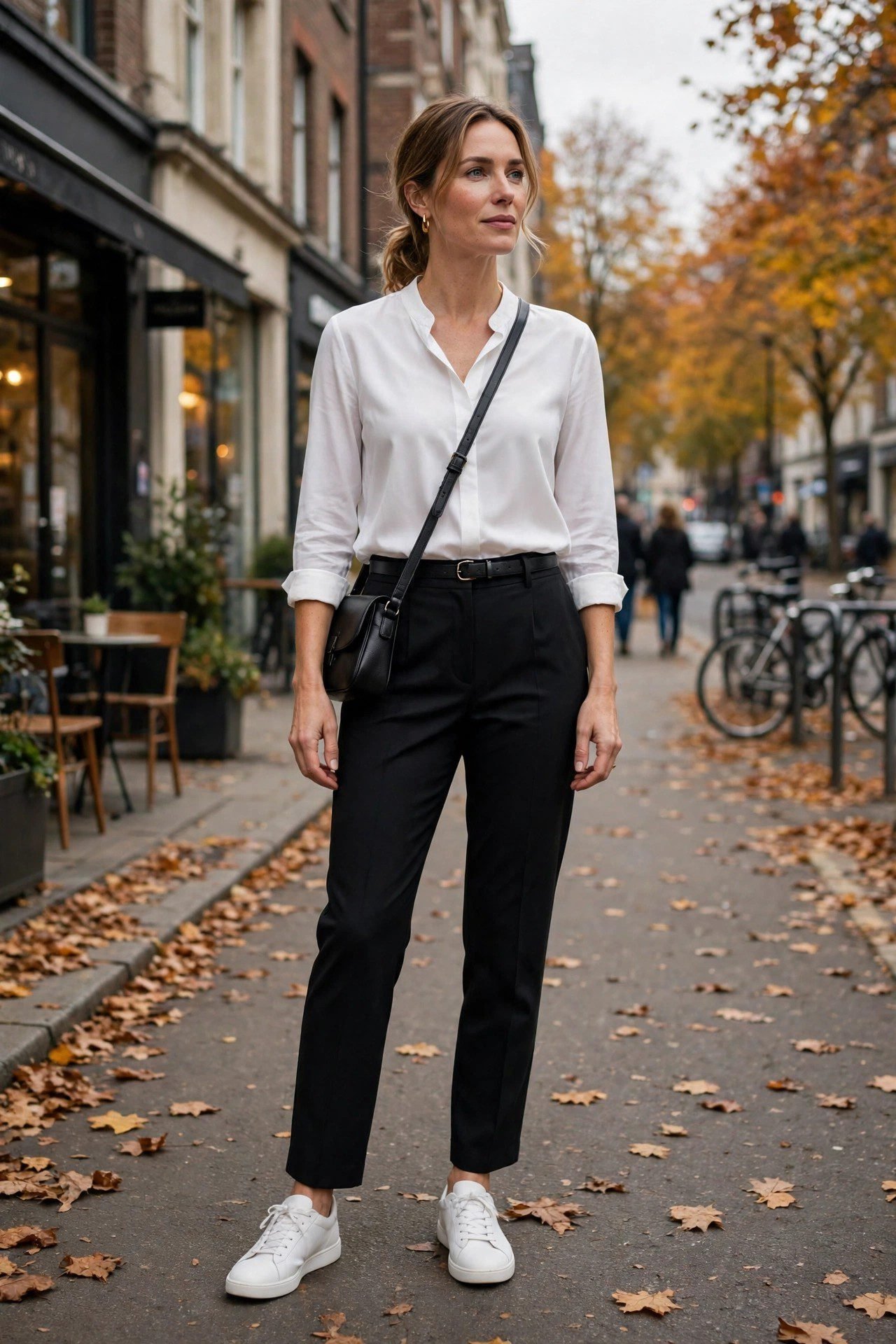 Woman wearing minimal white sneakers with tailored black trousers for work