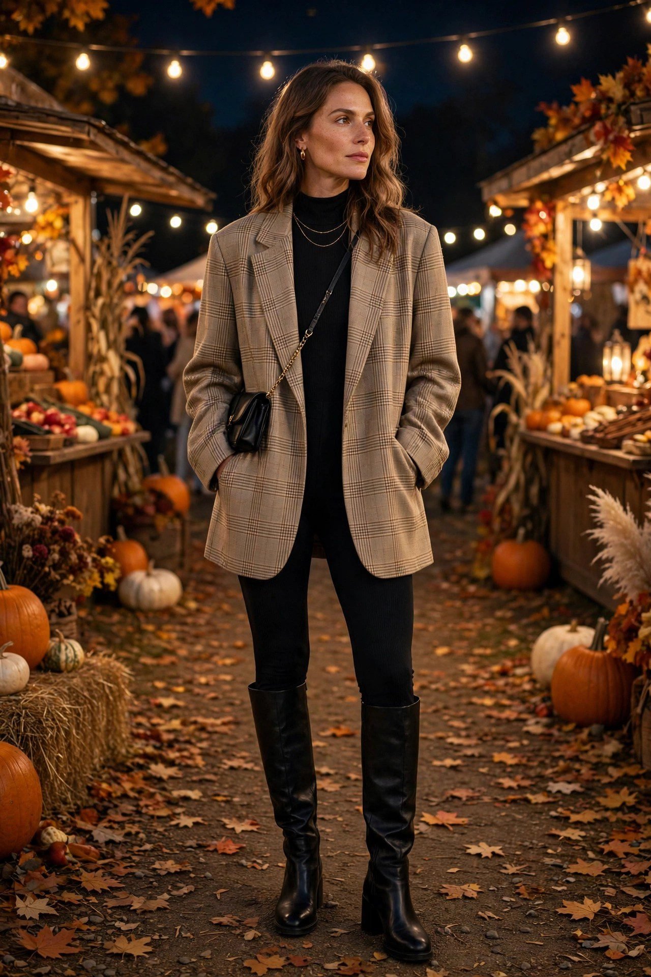 Oversized blazer with bodysuit and knee-high boots for a polished fall festival night look