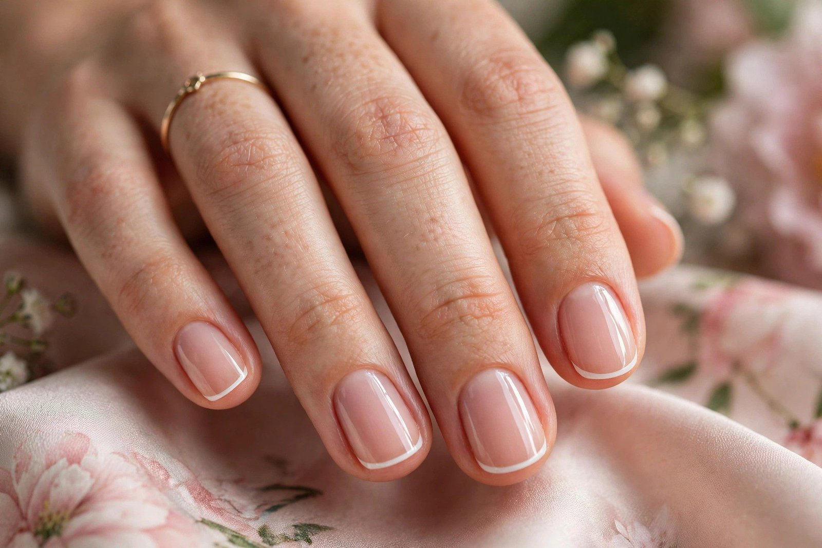 Micro french tip homecoming nails with thin white lines