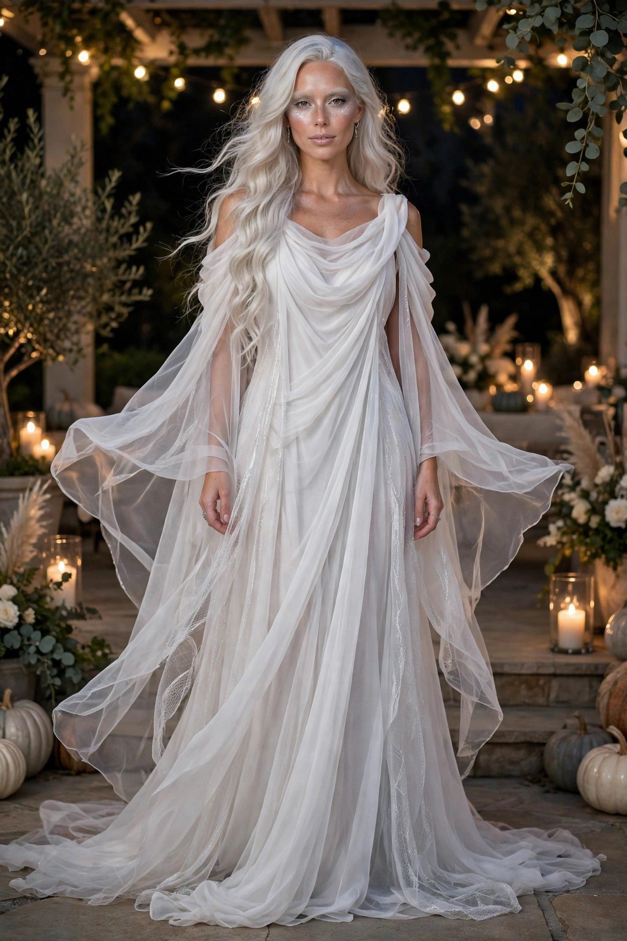 Ethereal ghost-inspired Halloween night outfit in flowing white