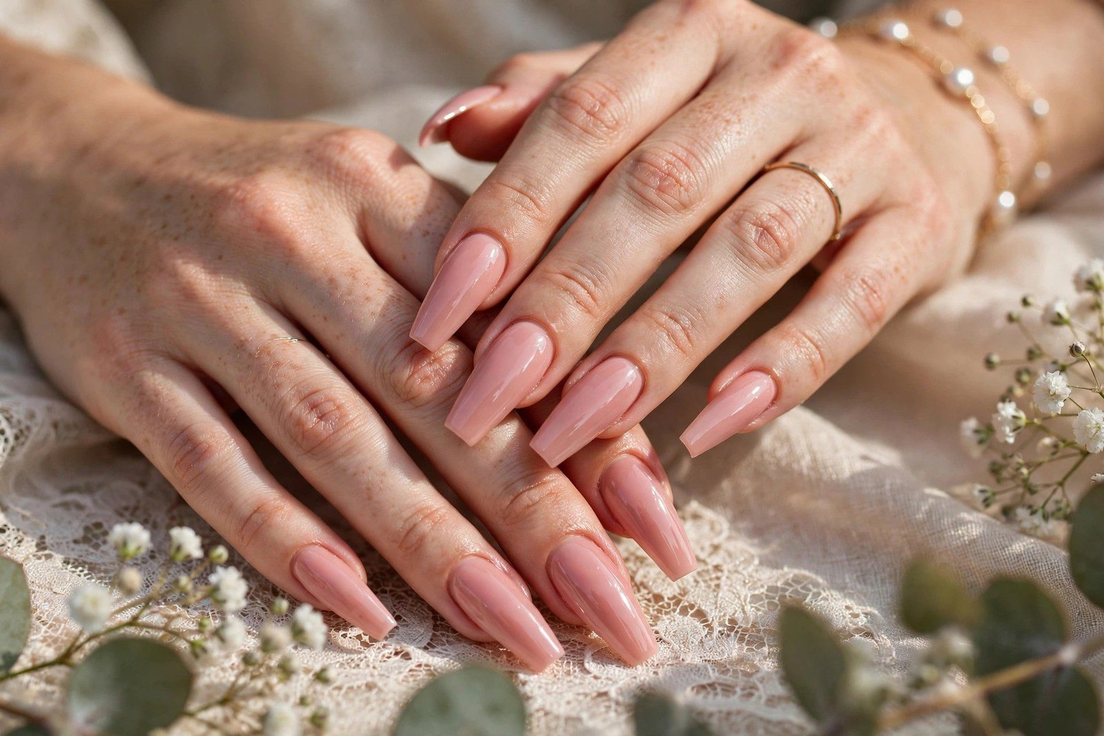Blush pink coffin homecoming nails for a long dress