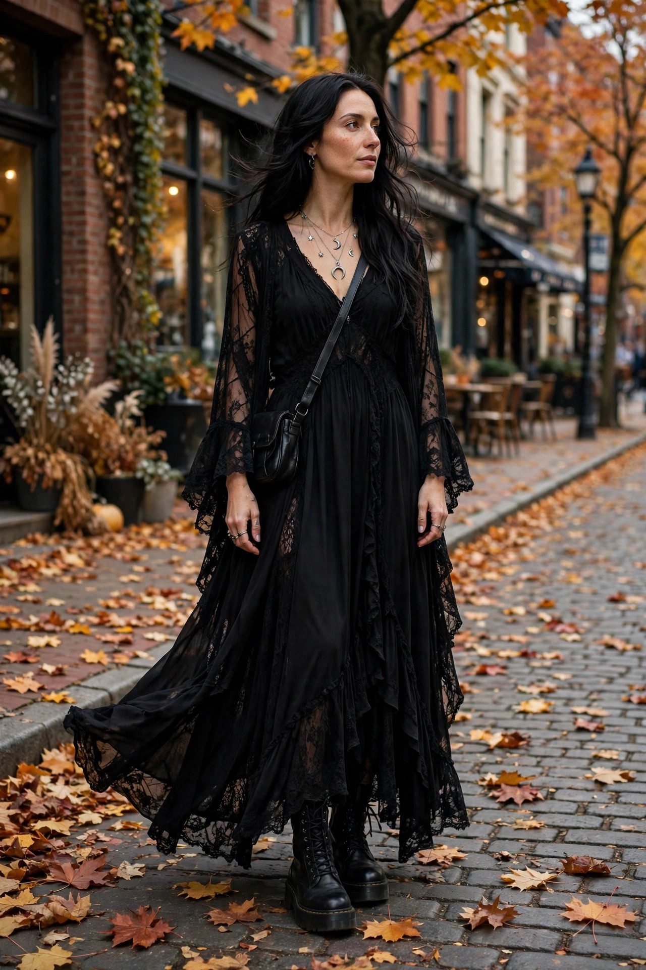 Witchy black maxi dress with lace-up boots for an everyday October outfit