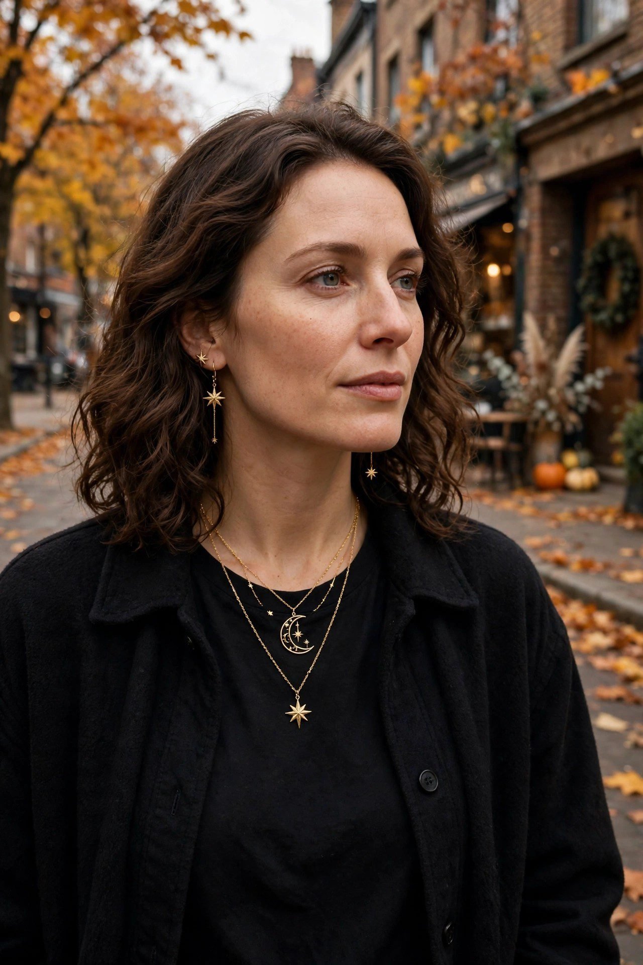 Celestial moon and star jewelry layered over an all-black outfit for subtle witchy style