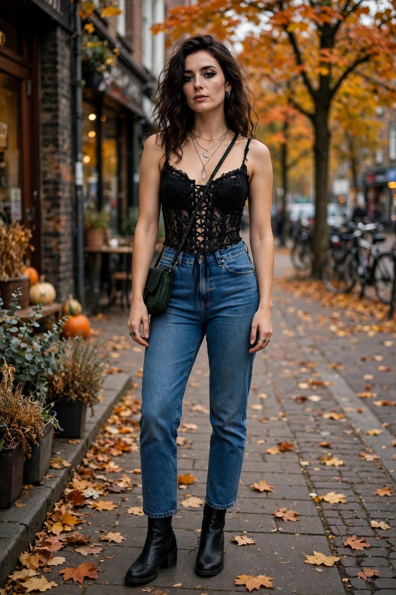 Black corset top with high-waisted jeans for a bold witchy night-out outfit