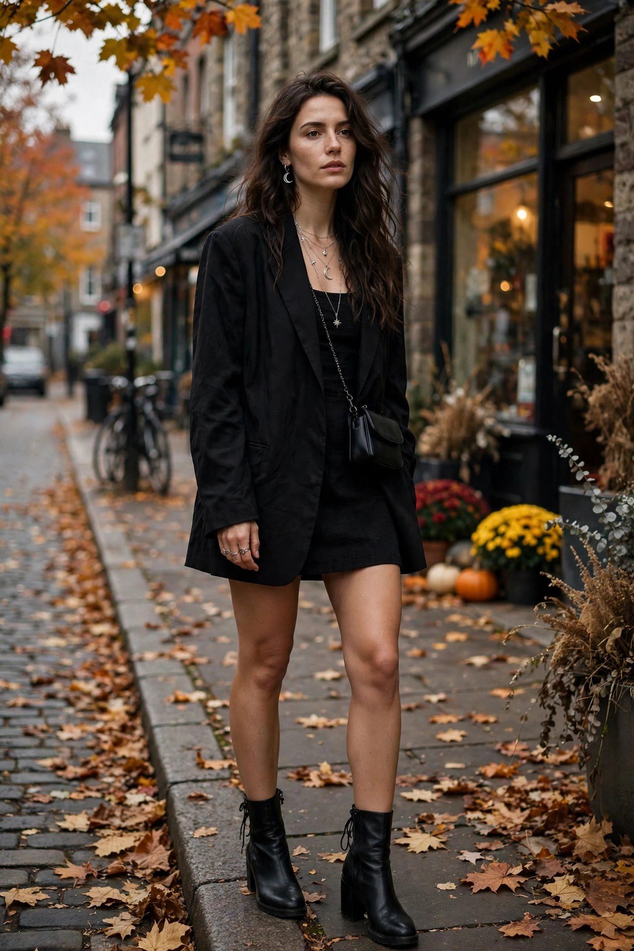 Oversized black blazer over a mini dress, a witchy polished outfit for October