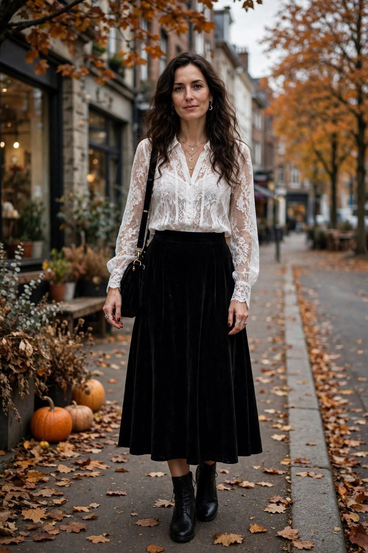 Black lace blouse with velvet skirt for a romantic witchy October outfit