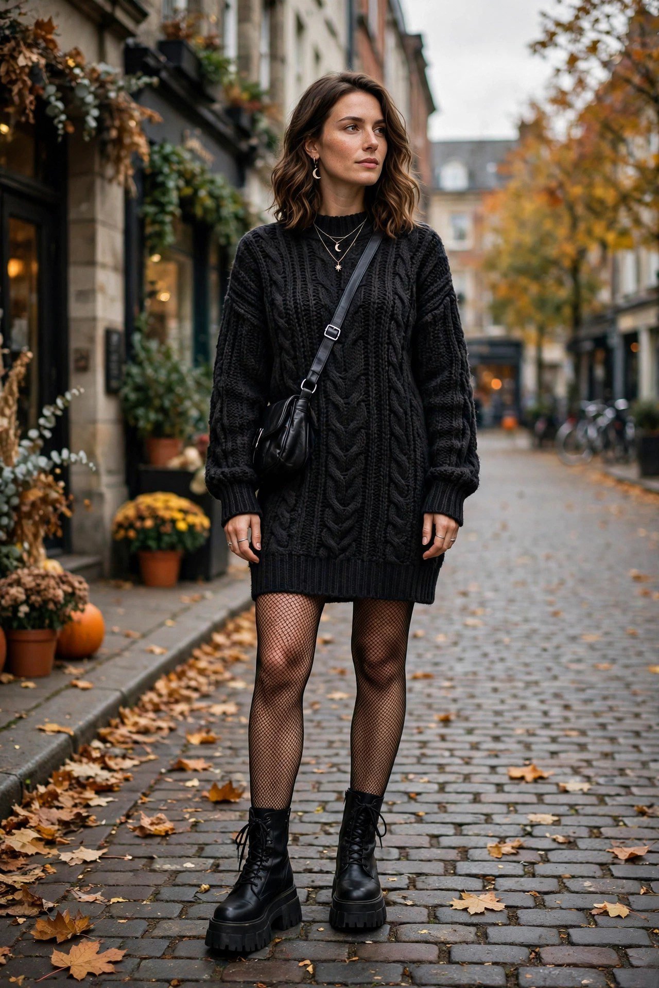 Fishnet tights with chunky boots and sweater dress for an edgy witchy fall look