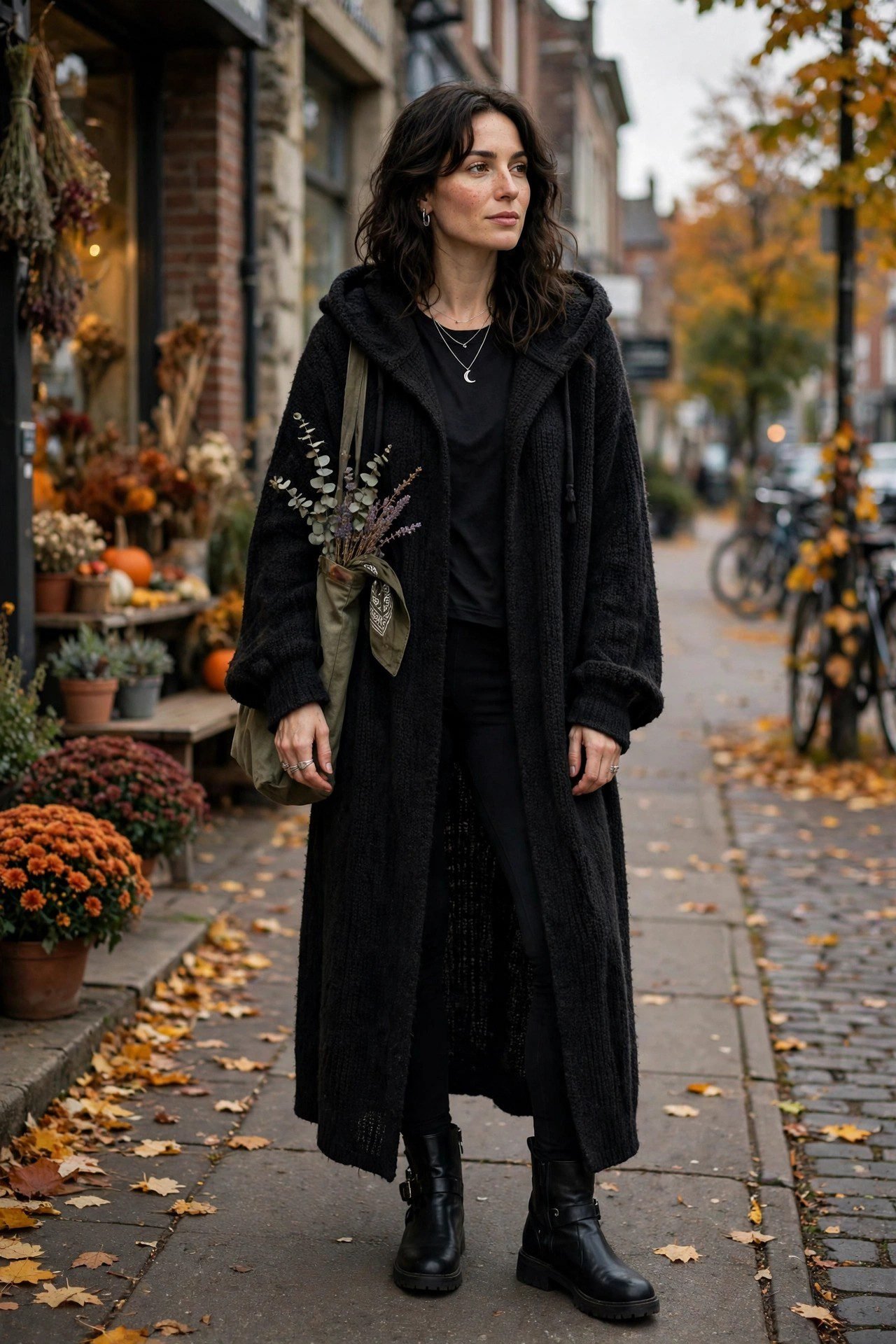 Hooded cloak-style cardigan with leggings, the ultimate cozy witchy October outfit