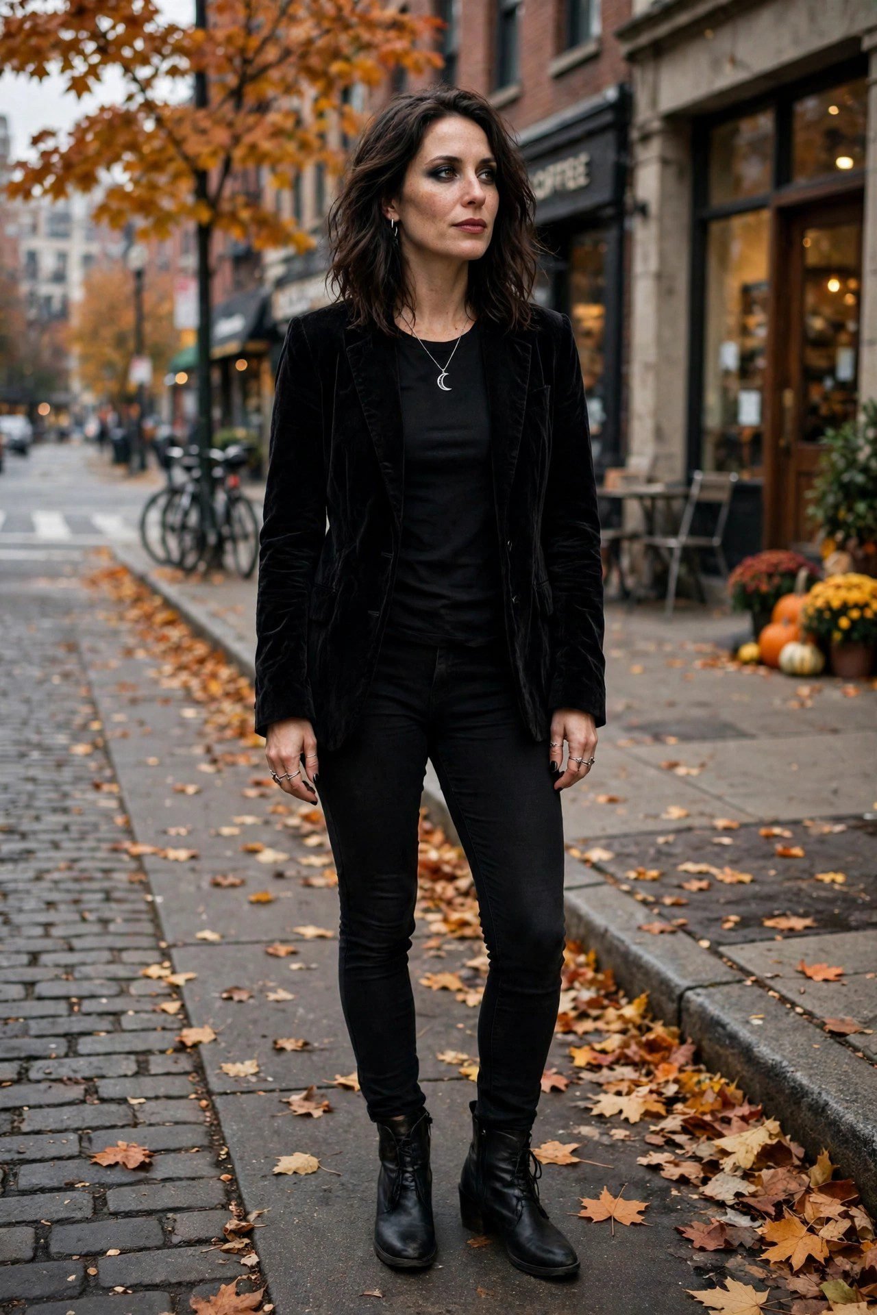 Dark velvet blazer with black jeans, a witchy everyday outfit for October