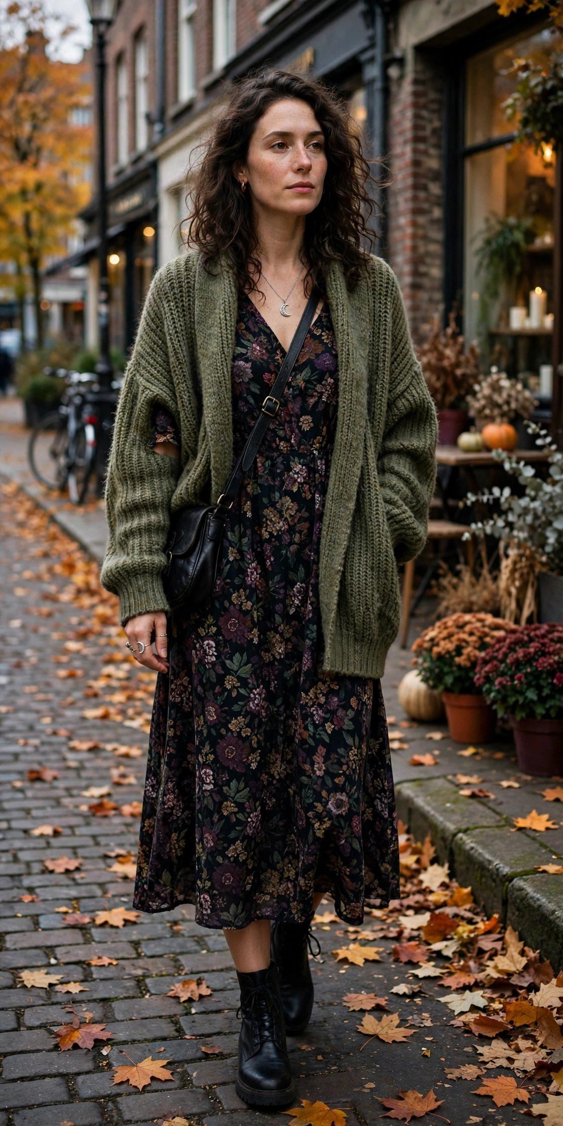 Dark floral midi dress with slouchy cardigan for a soft witchy October look