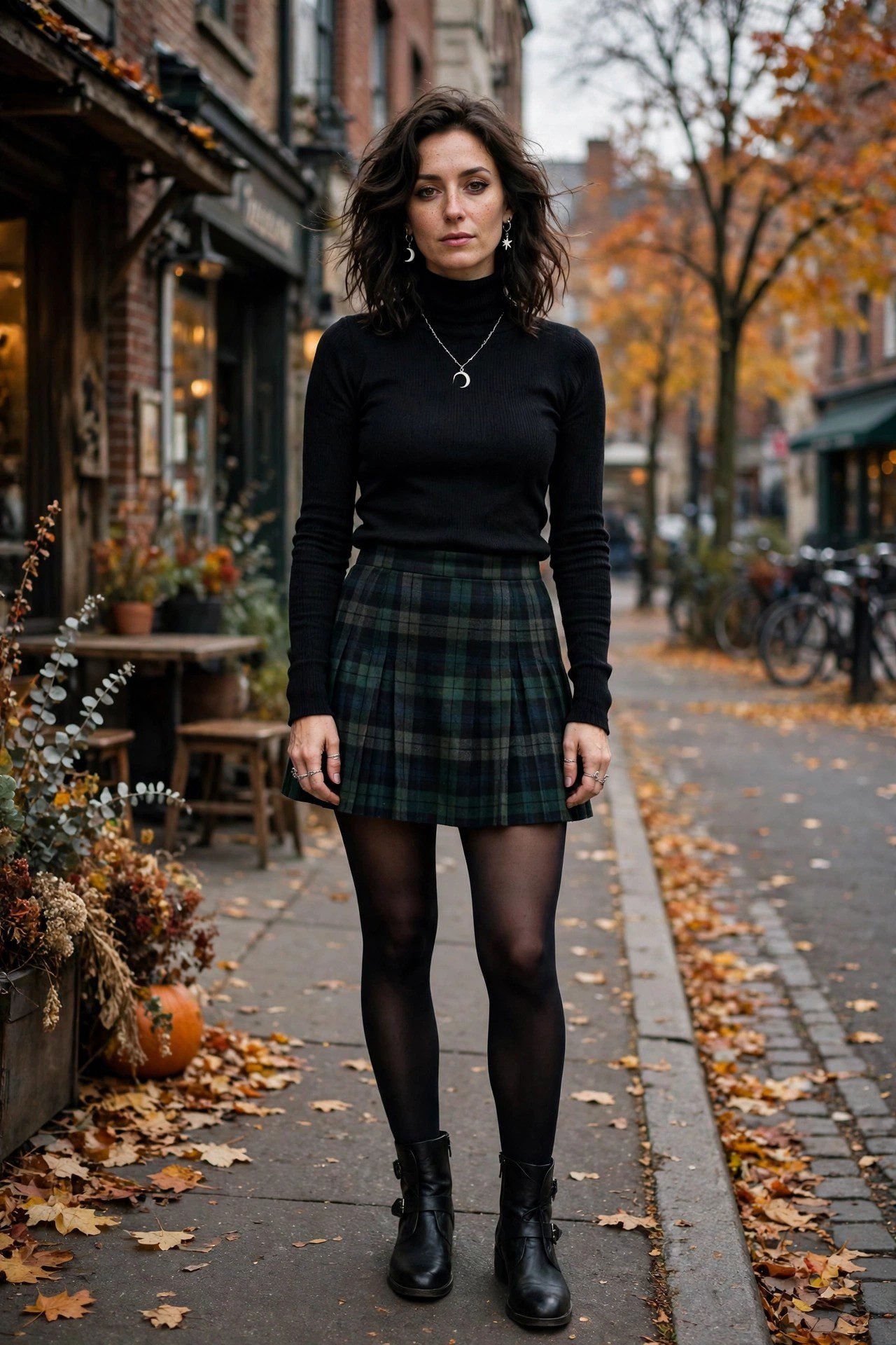 Black turtleneck with plaid mini skirt and tights, a witchy preppy October outfit