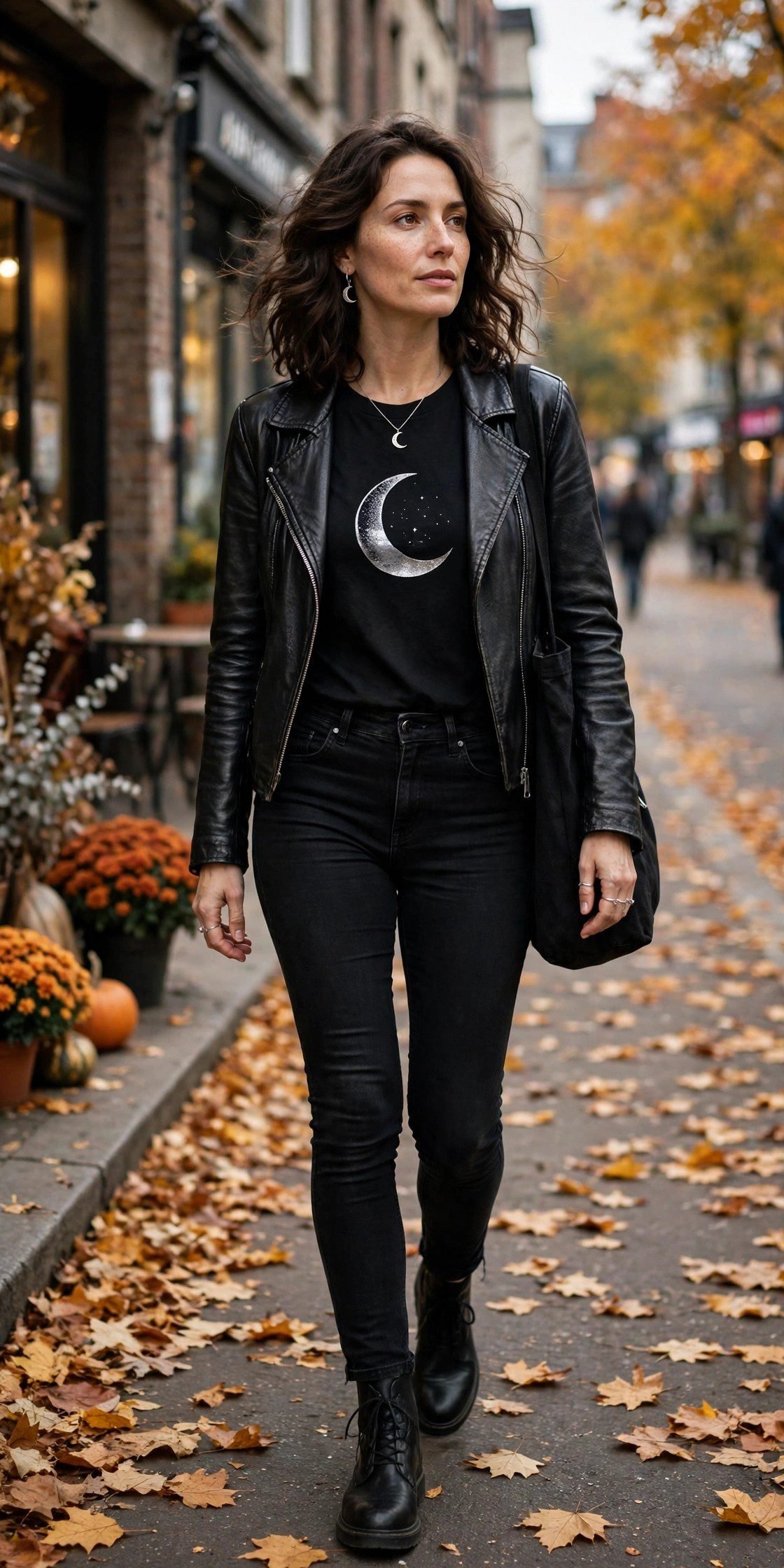 Celestial moon-print tee with leather jacket for a casual witchy everyday outfit
