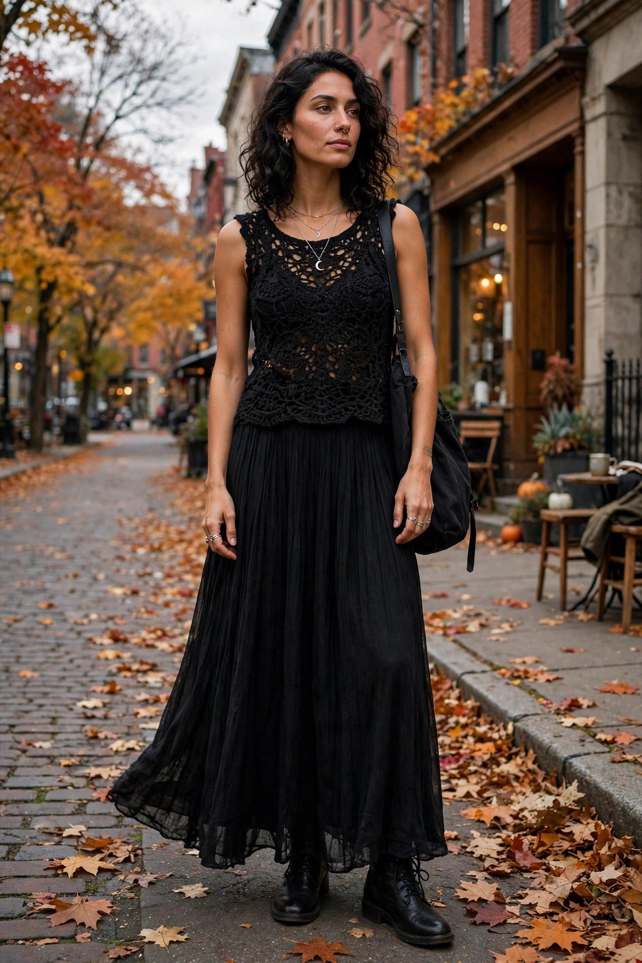 Crochet top with flowy black maxi skirt for a boho witchy October outfit
