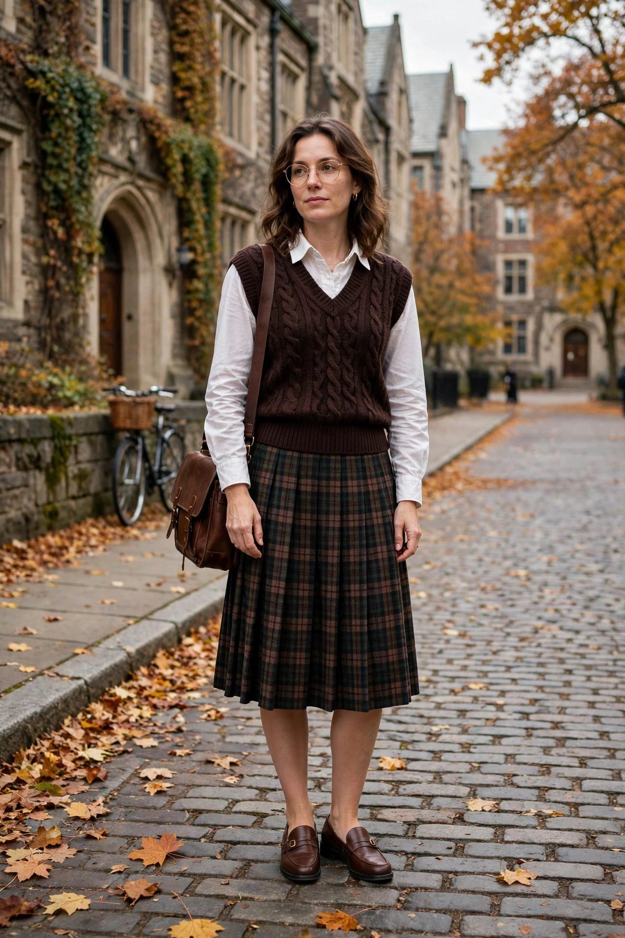 Dark academia plaid skirt with sweater vest, a scholarly witchy outfit for fall