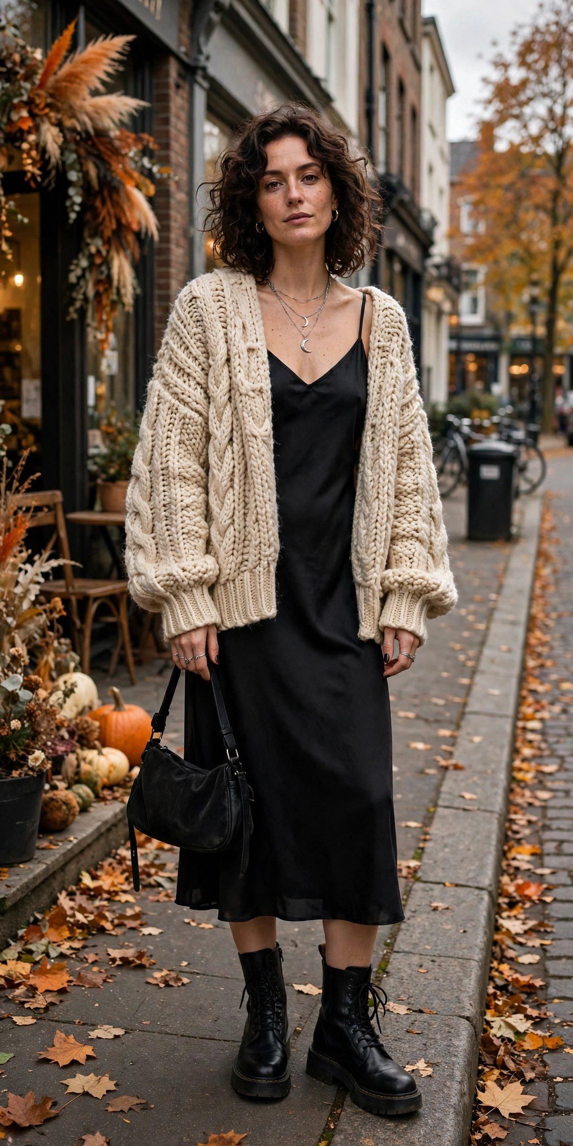 Black slip dress layered under a chunky knit cardigan for a witchy fall outfit