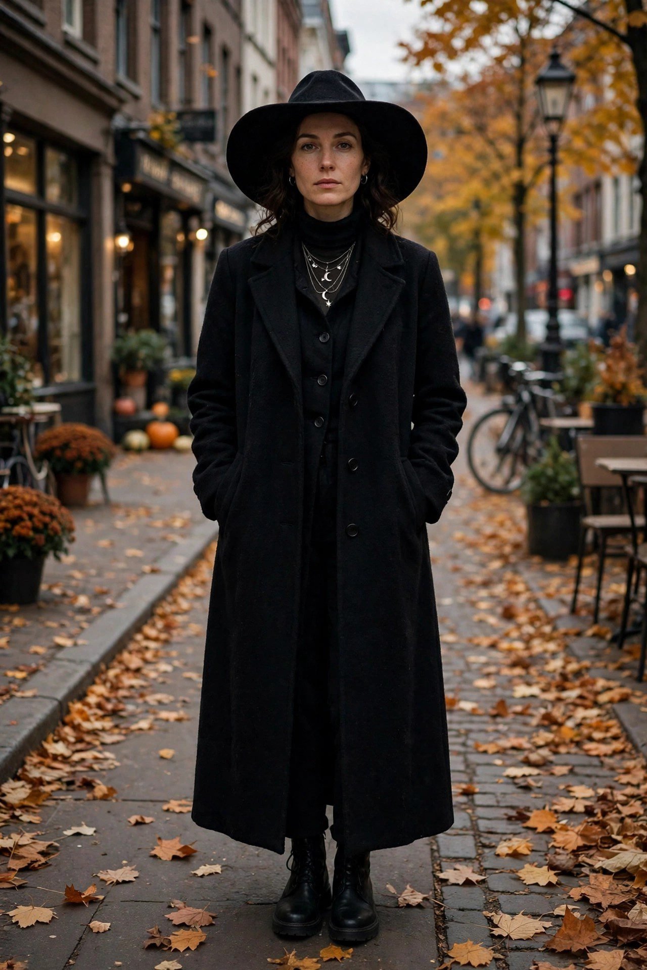 Wide-brim hat with long black coat for a dramatic witchy October street style