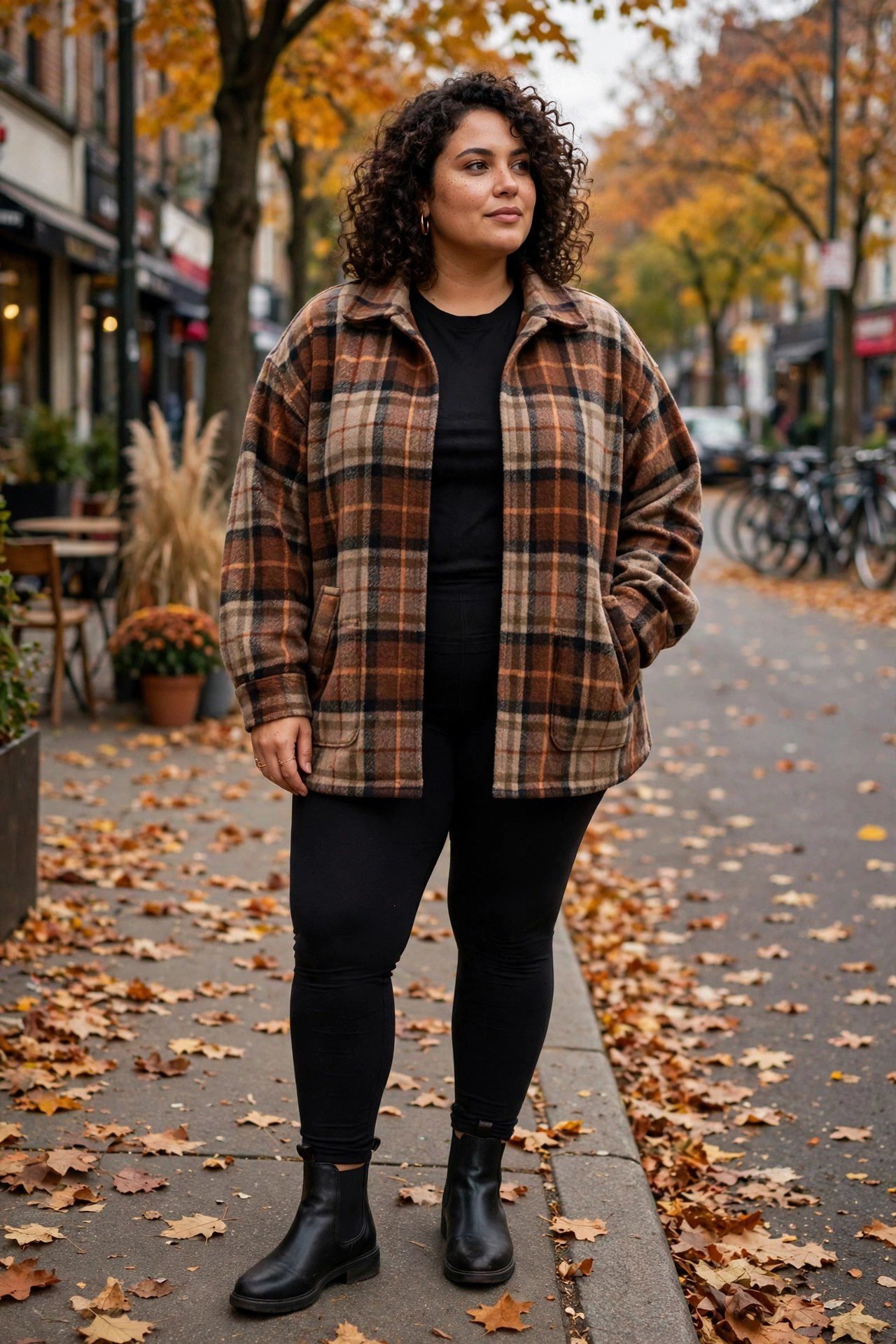 Plus size fall outfit with oversized shacket black leggings and boots