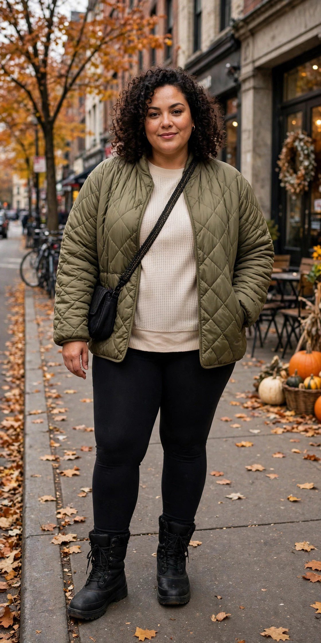 Plus size quilted jacket with thermal top leggings and boots for cold fall days