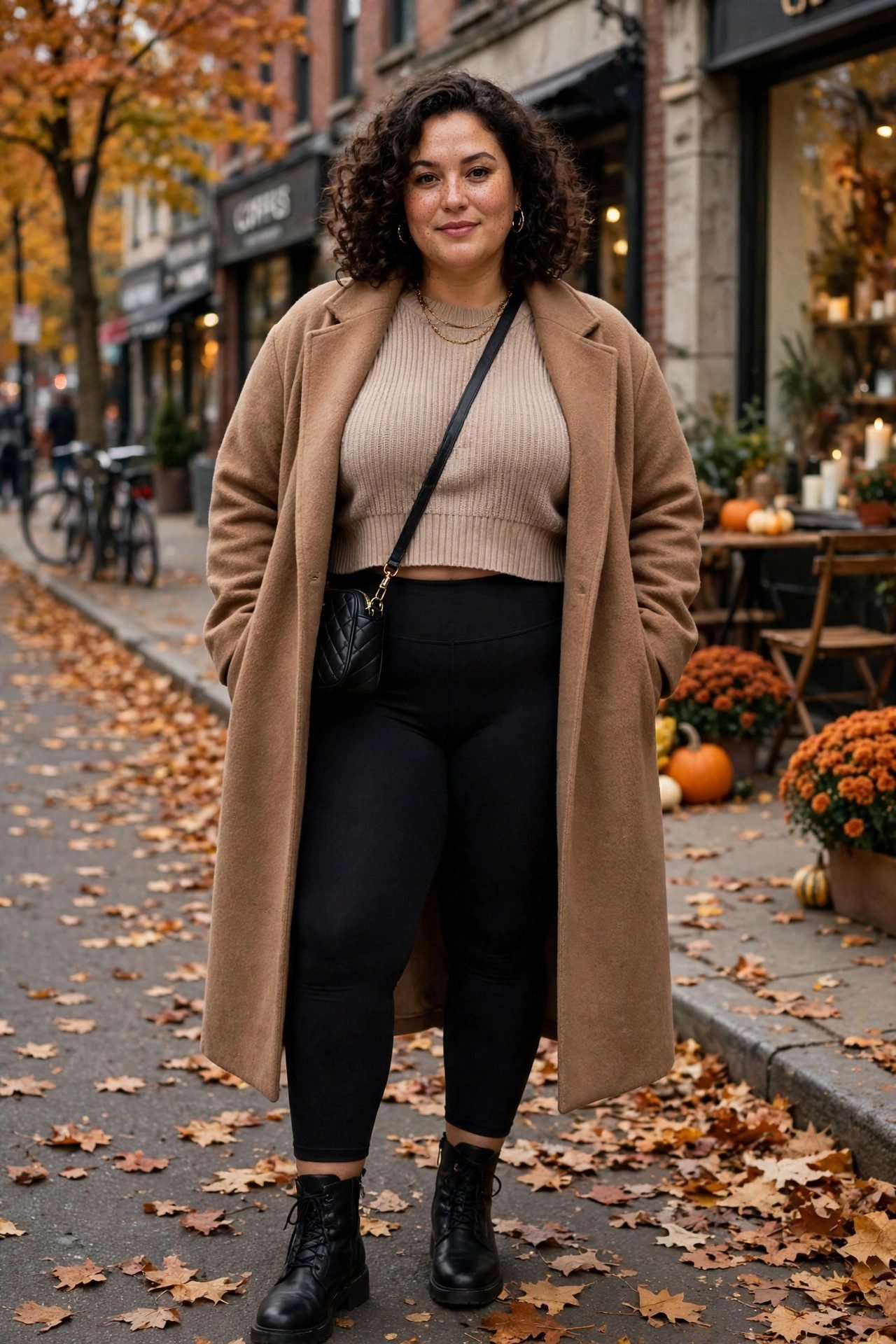 Plus size cropped sweater with high-waisted leggings and long coat for fall