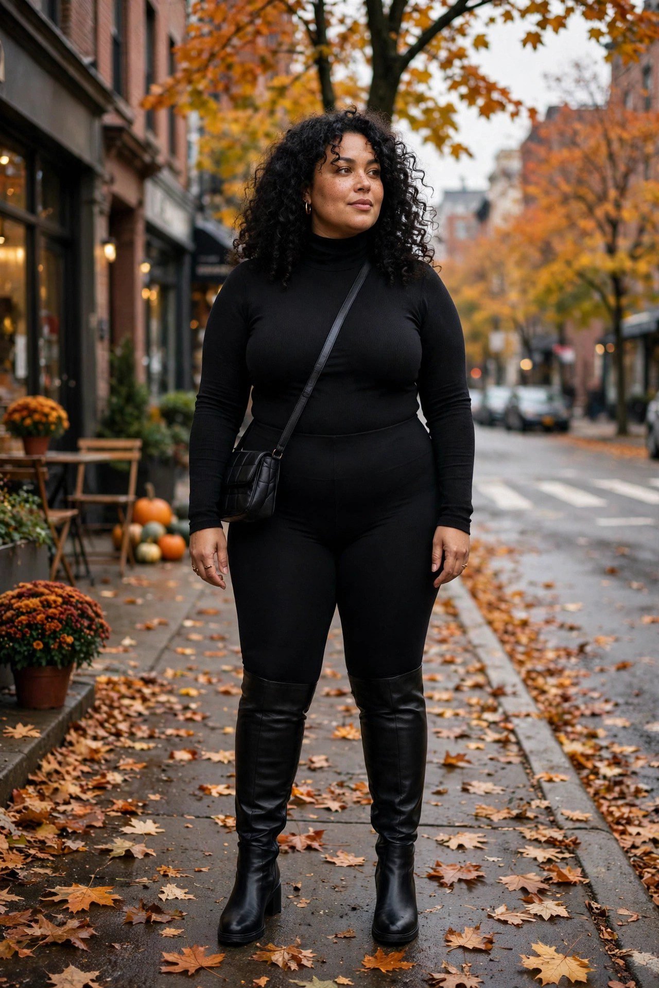 Plus size turtleneck bodysuit with leggings and knee-high boots for sleek fall style