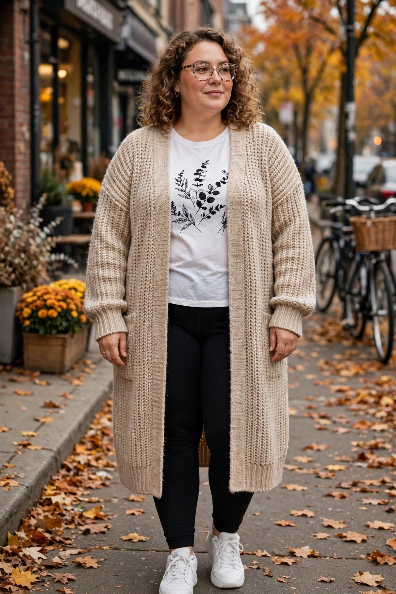Plus size long cardigan with graphic tee leggings and sneakers for fall