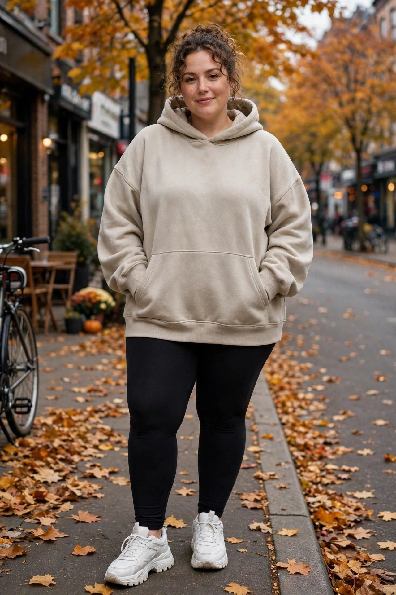 Plus size oversized hoodie with leggings and chunky sneakers for cozy fall style