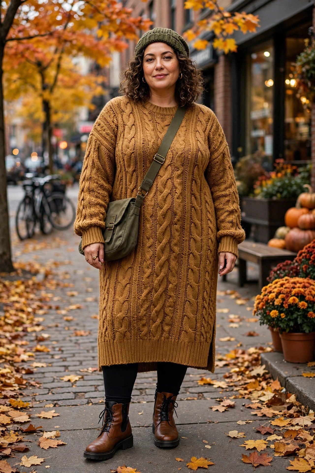 Plus size sweater dress worn over leggings with boots for a cozy fall outfit