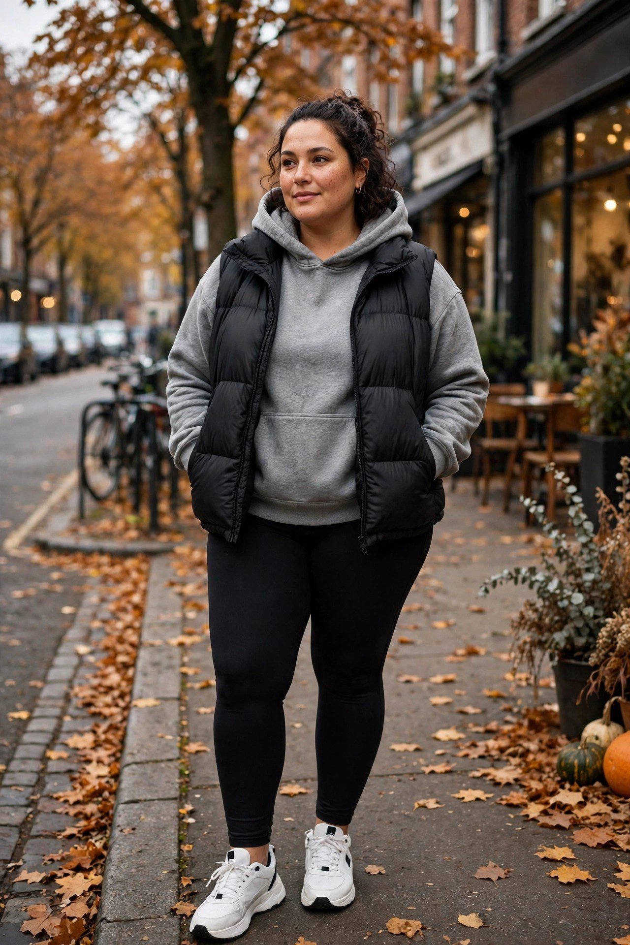 Plus size puffer vest layered over hoodie with leggings for fall warmth
