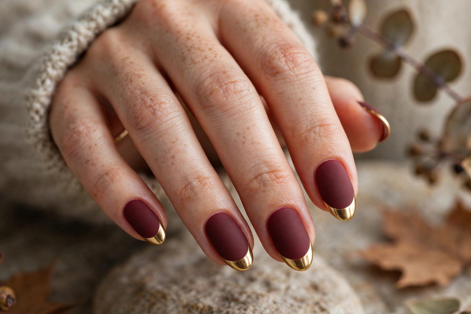 Matte burgundy nails with glossy gold tips for hoco