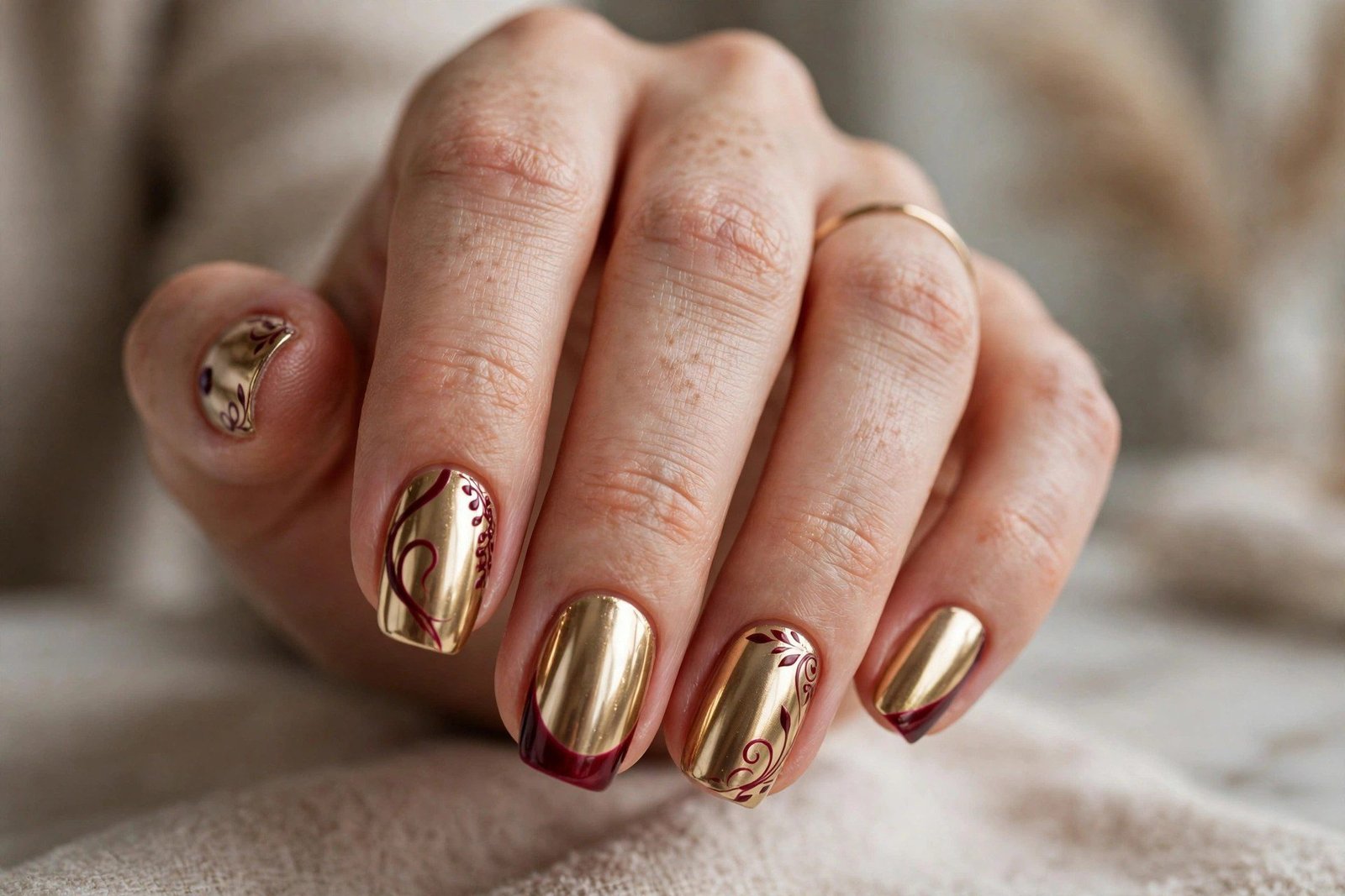 Gold chrome nails with burgundy accents for hoco