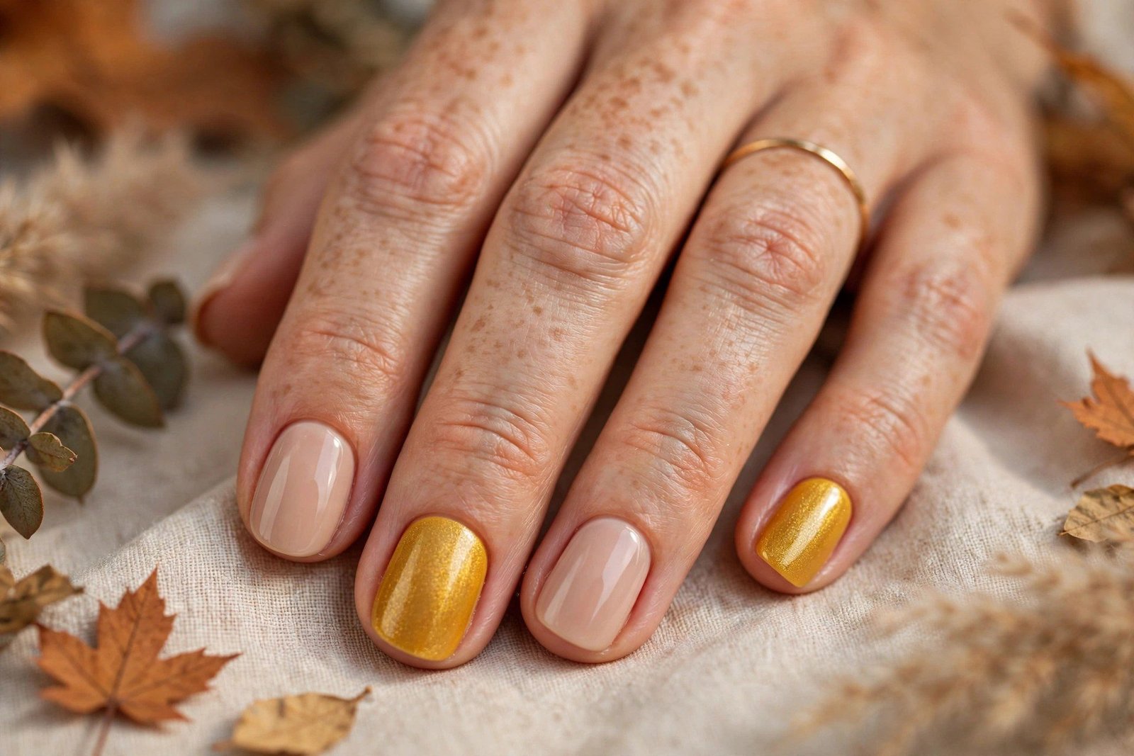 Mustard yellow accent nails with nude base