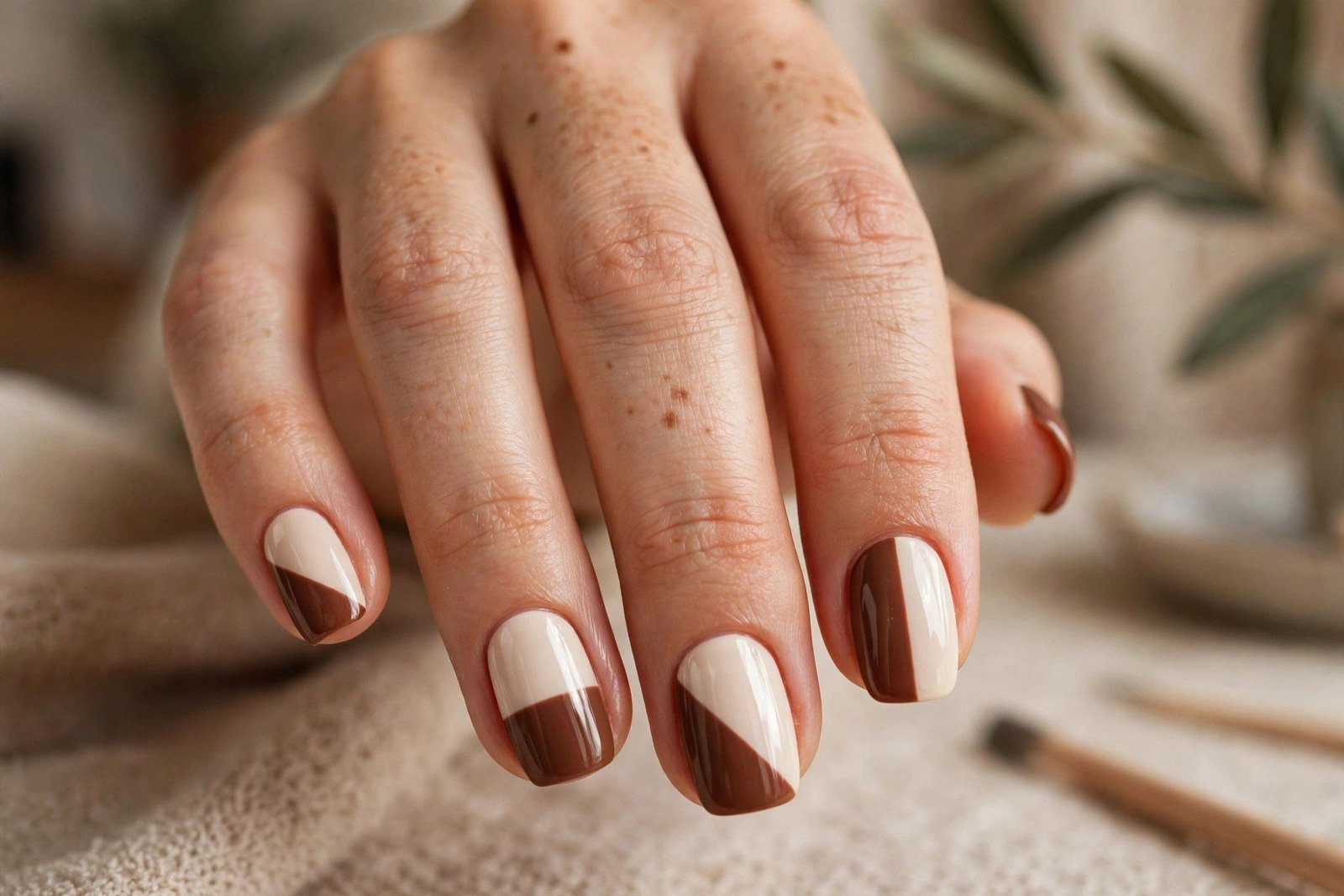 Cocoa brown and cream color block nail design