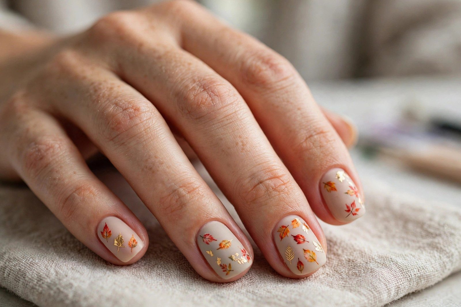 Hand painted falling leaves nail art autumn