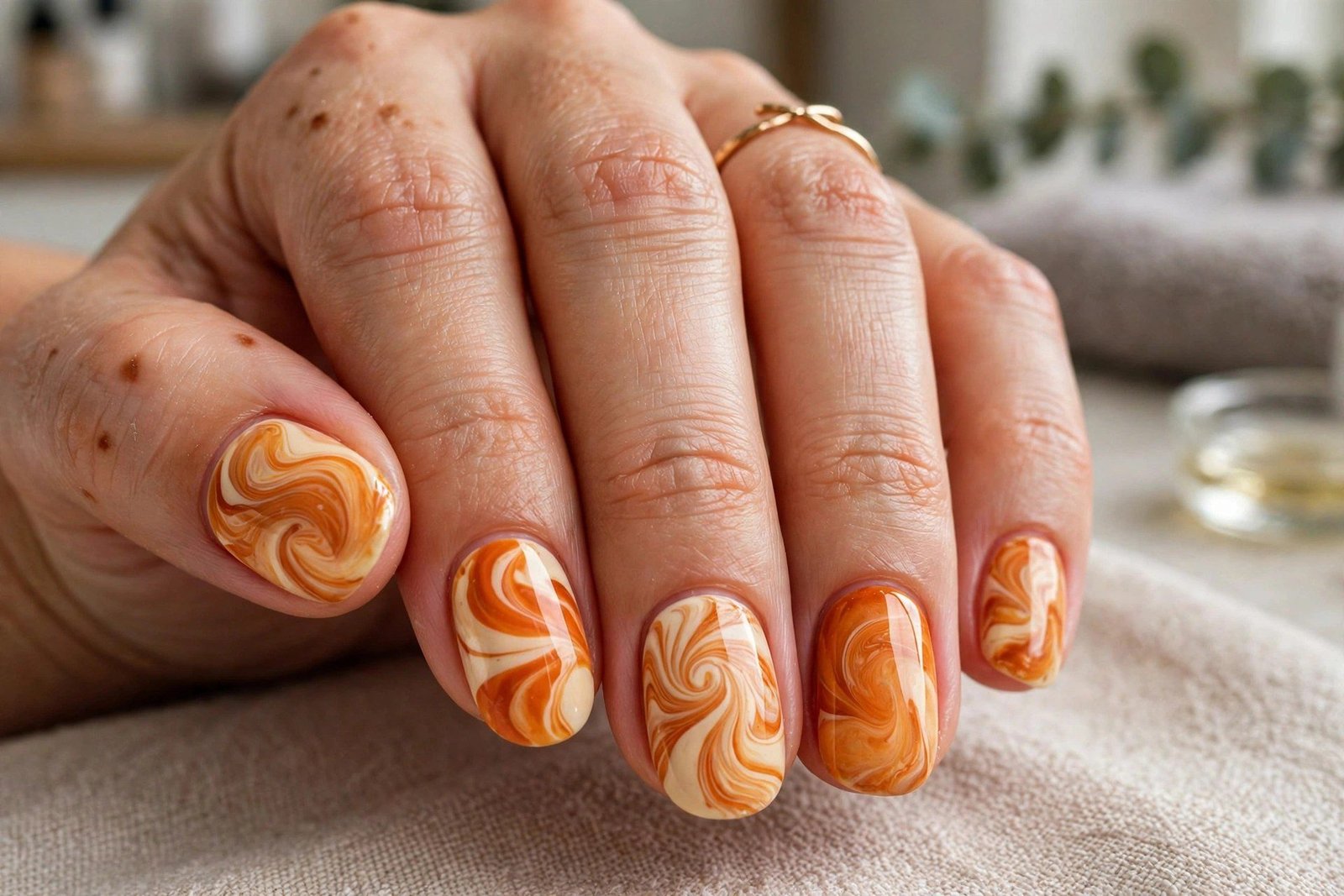 Pumpkin spice swirl nail art in orange and cream