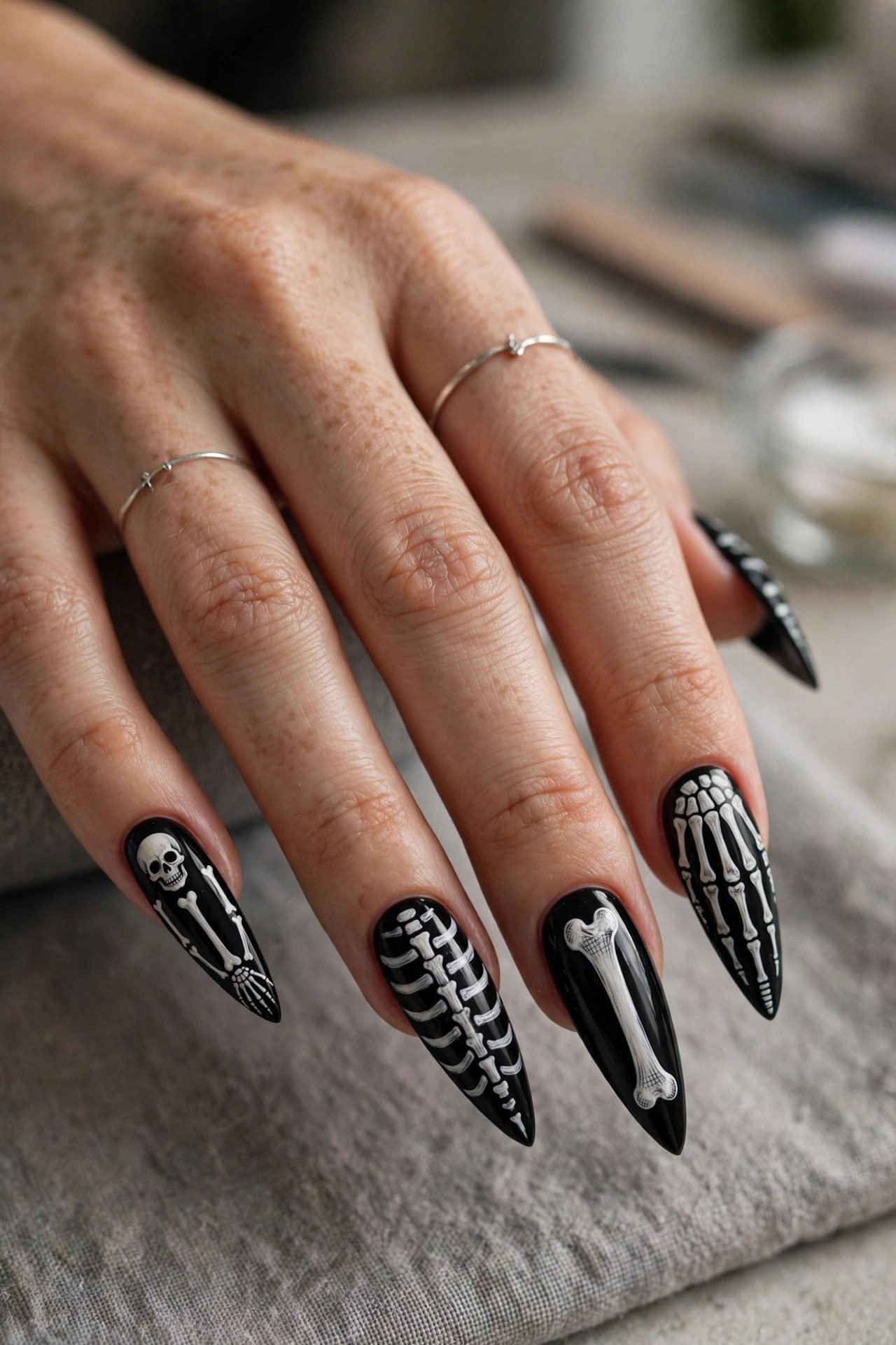 Skeleton bone nail art white on black