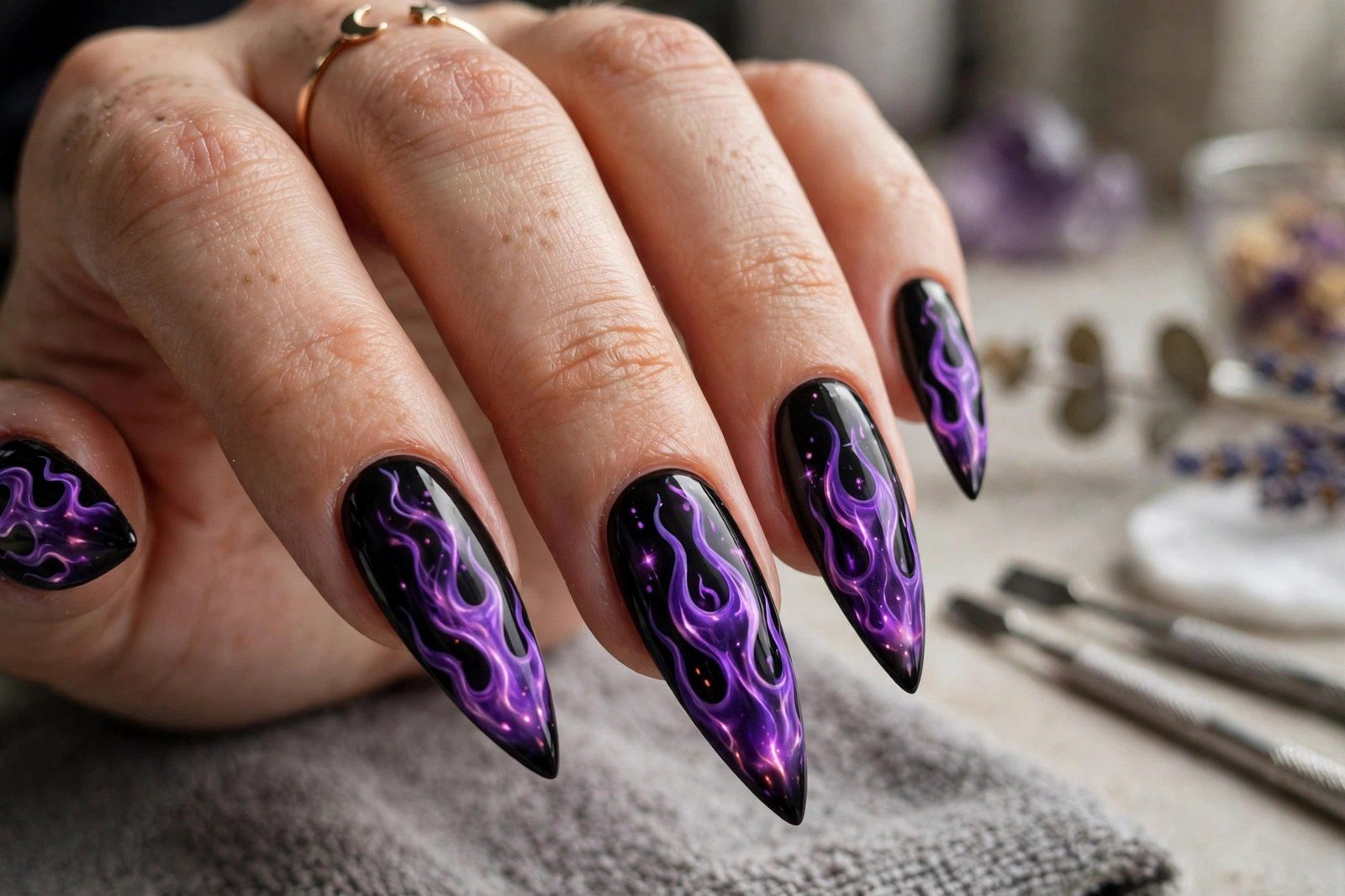 Witchy purple flame nail art on black nails