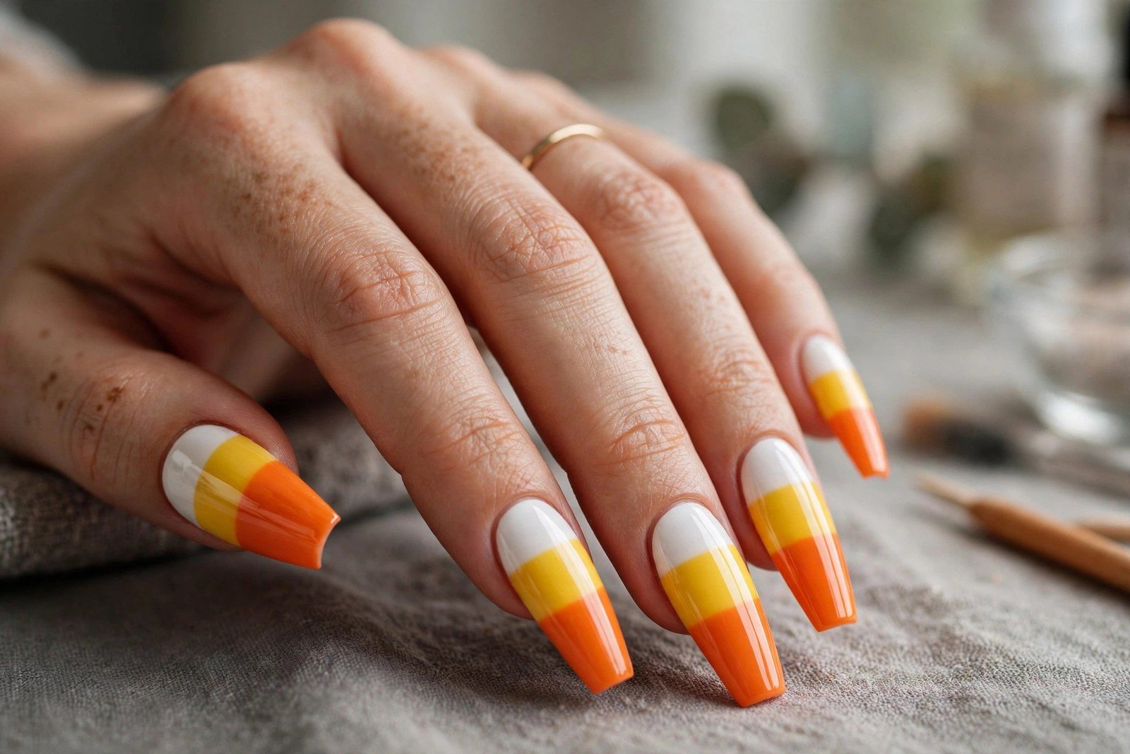 Candy corn striped coffin nails orange yellow white