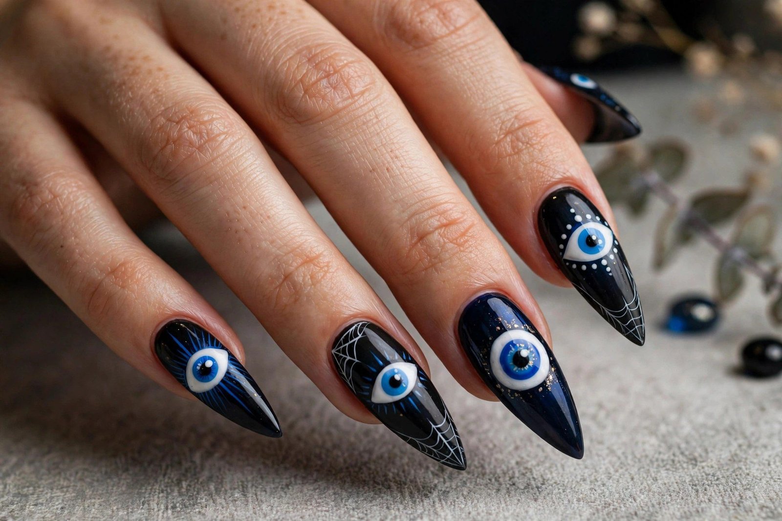 Evil eye nail art on long nails