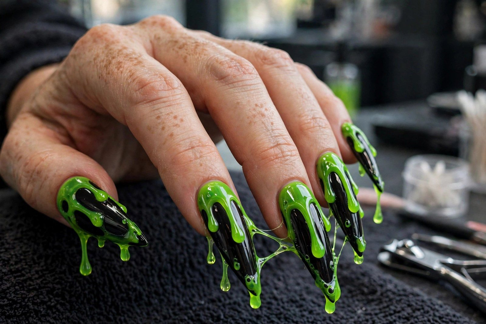 Slime green drip nail art on black nails