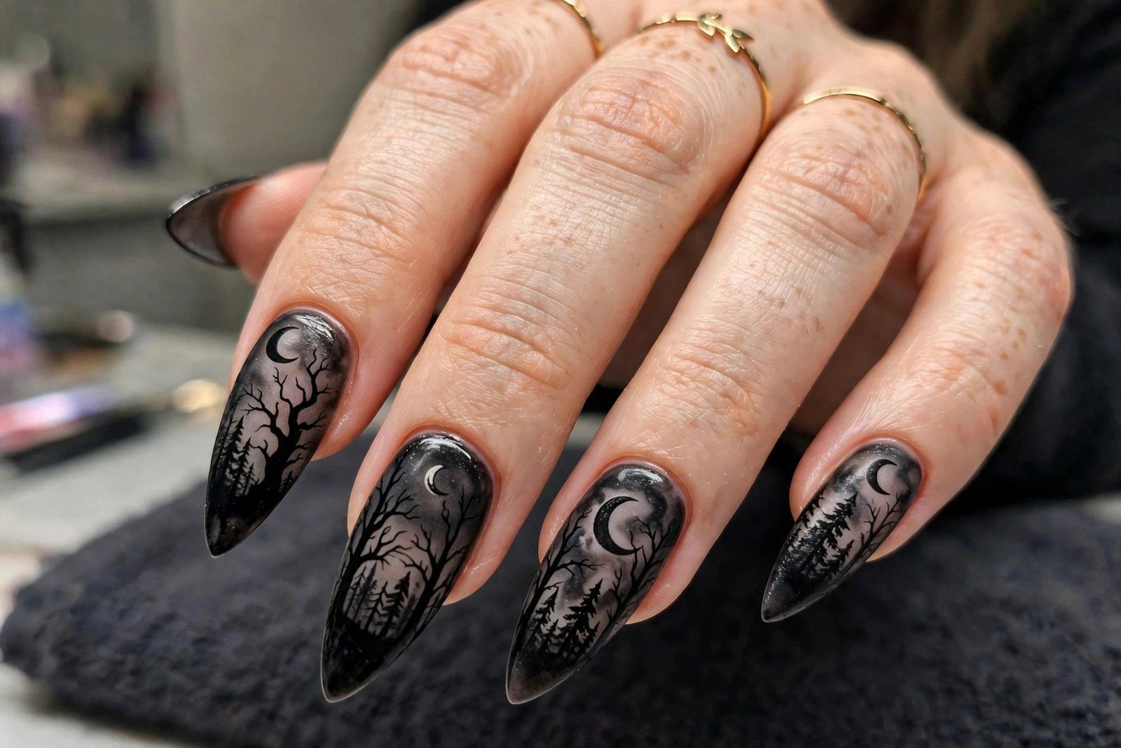 Haunted forest silhouette nail art dark