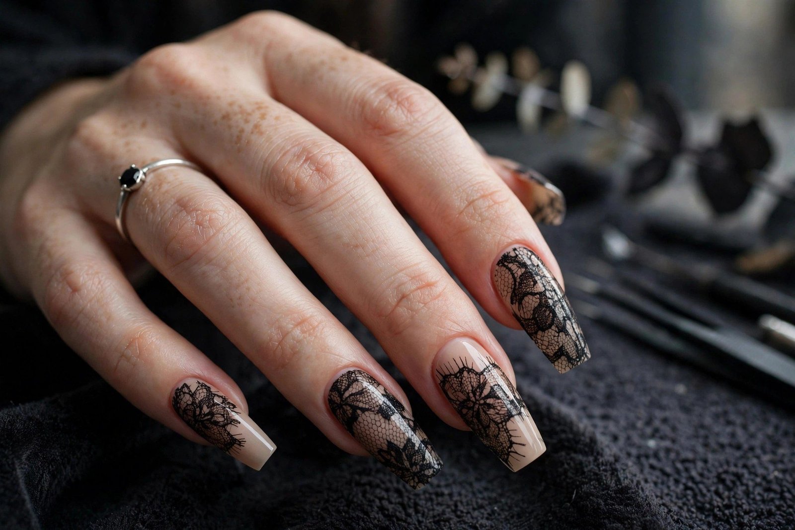 Black lace overlay nail art