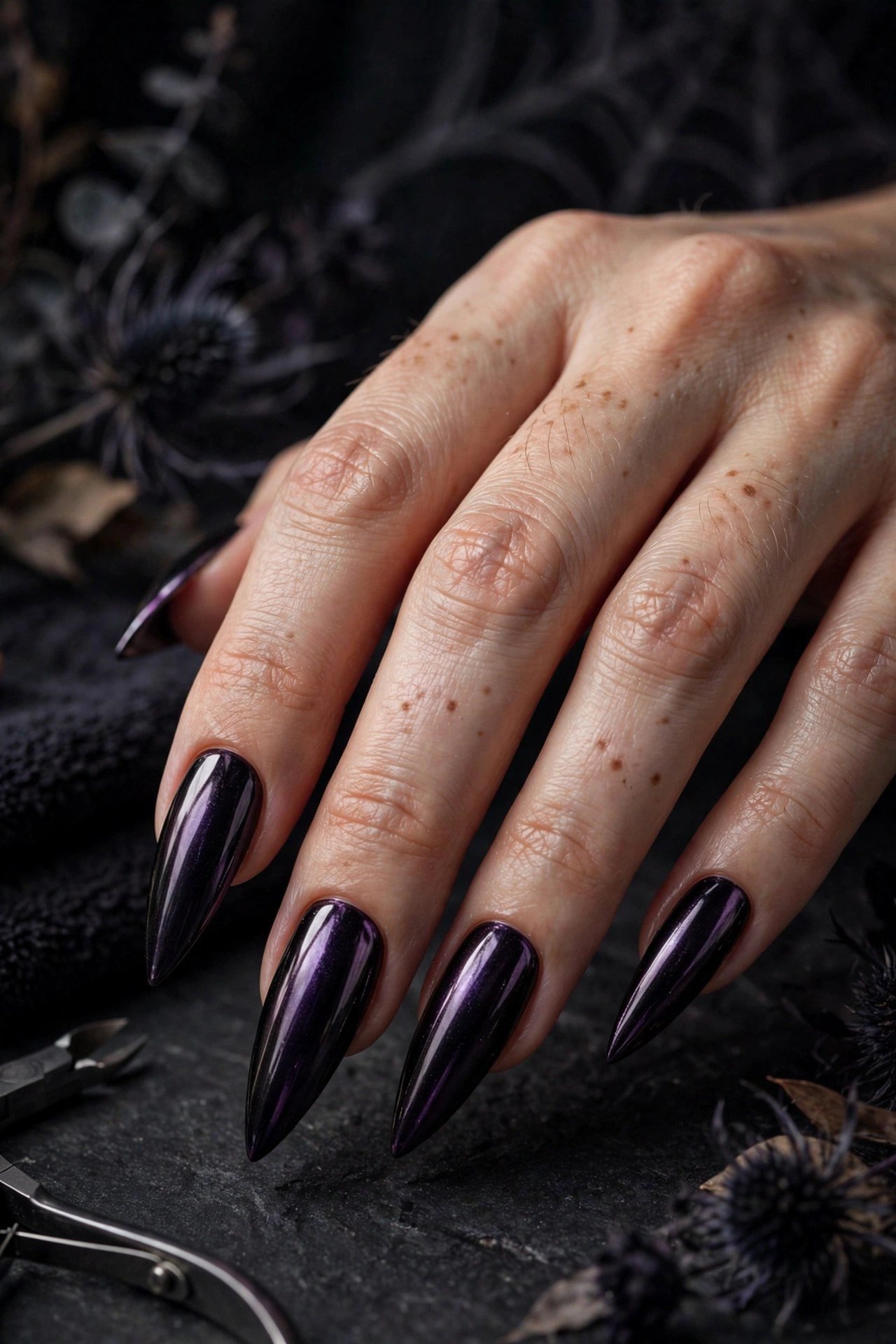 Haunted dark chrome nails purple black
