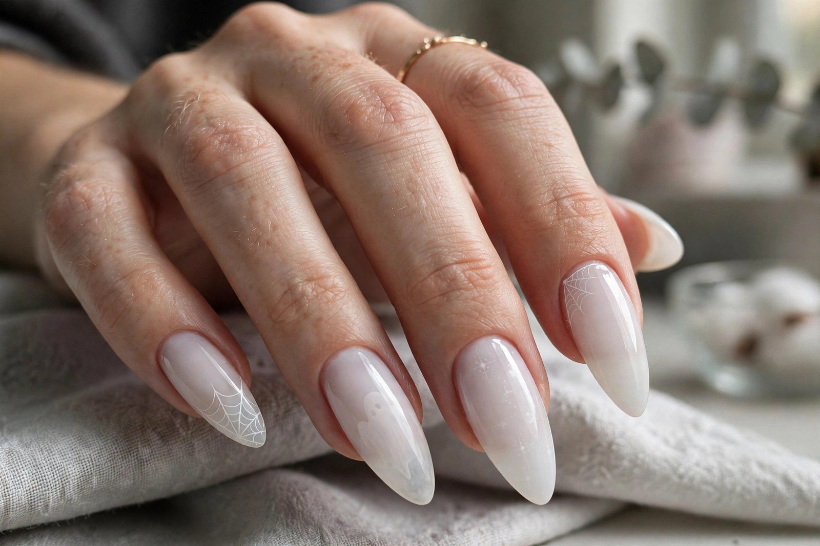 Ghostly white long almond nails