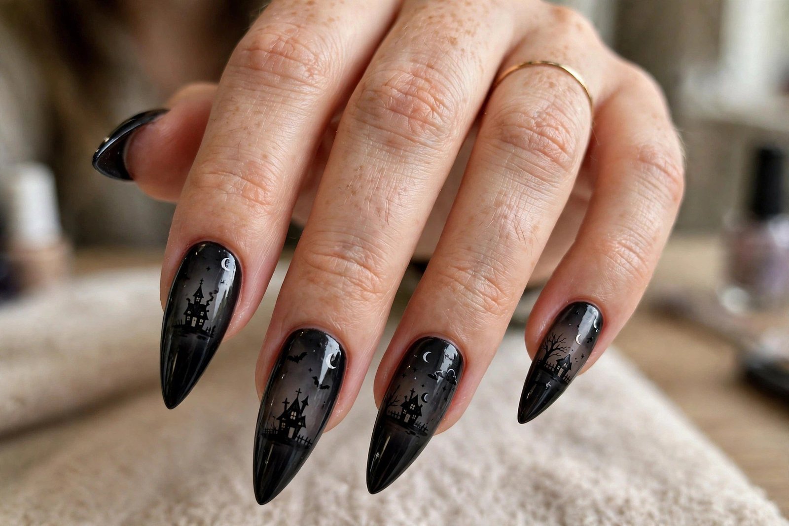 Haunted house silhouette nail art on long nails