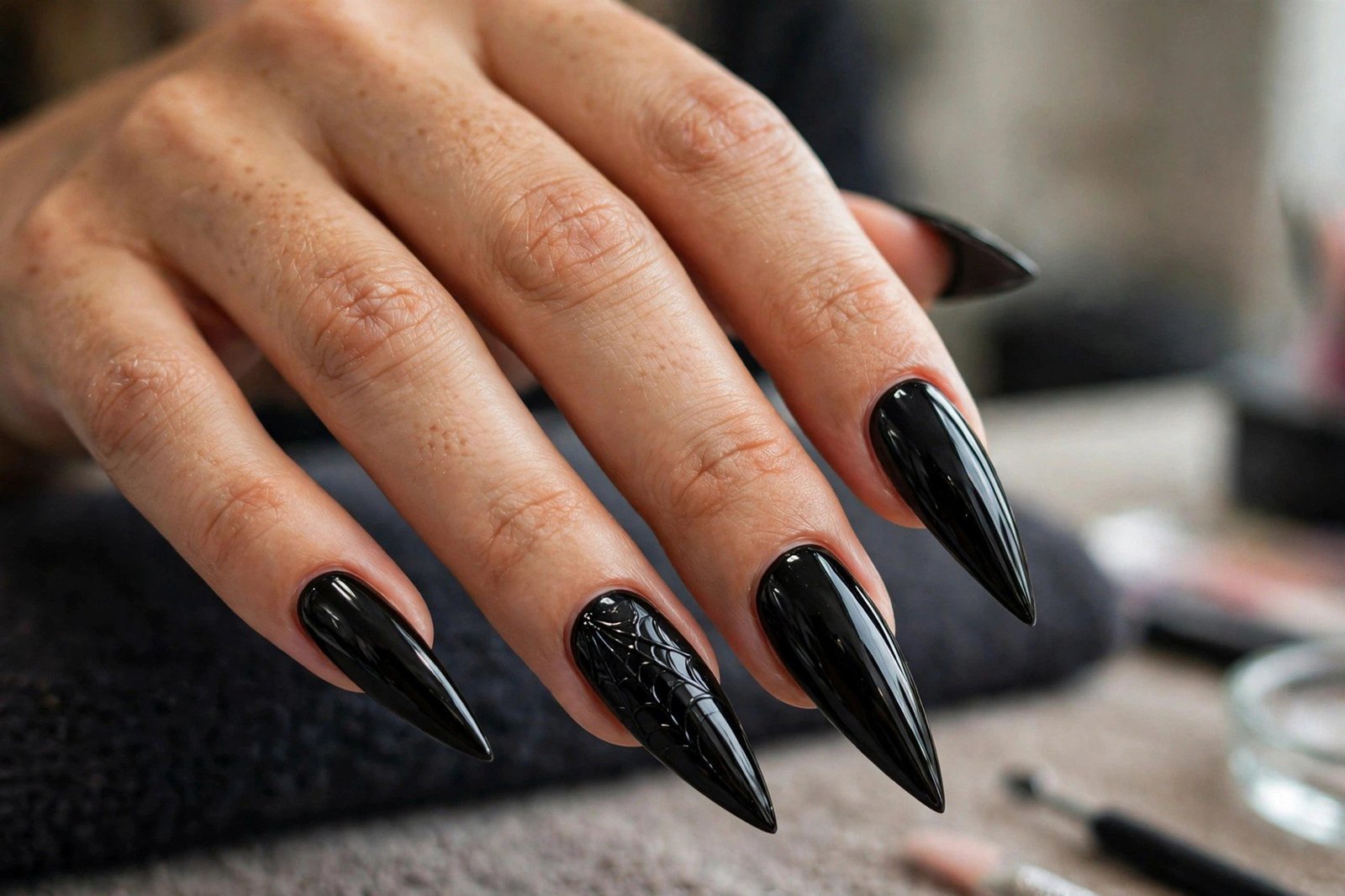 Glossy black stiletto nails dramatic