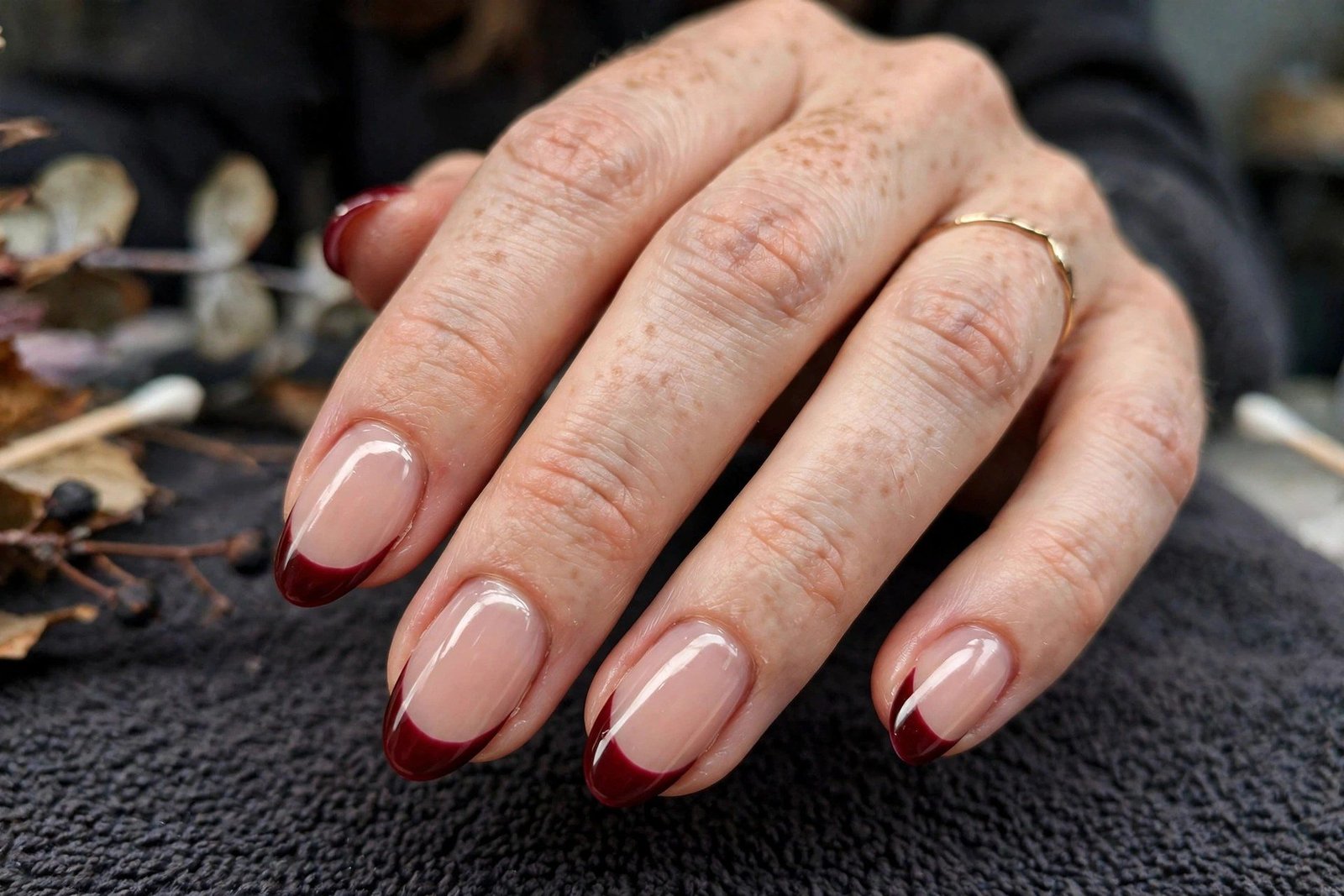 Oxblood french tip nails on nude base