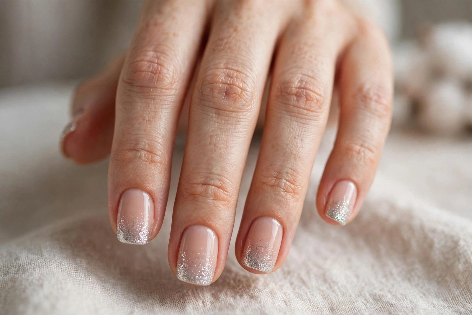 Nude short nails with glitter fade tips