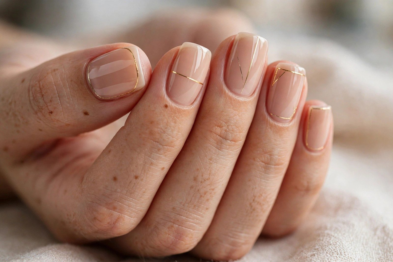 Short nude nails with thin gold line art