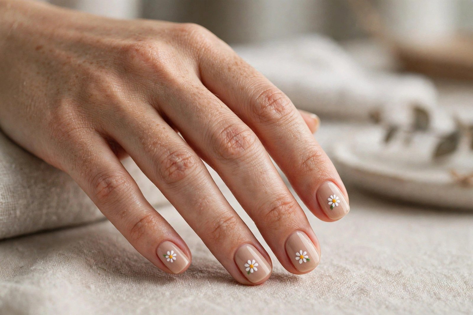 Short nude nails with white daisy nail art