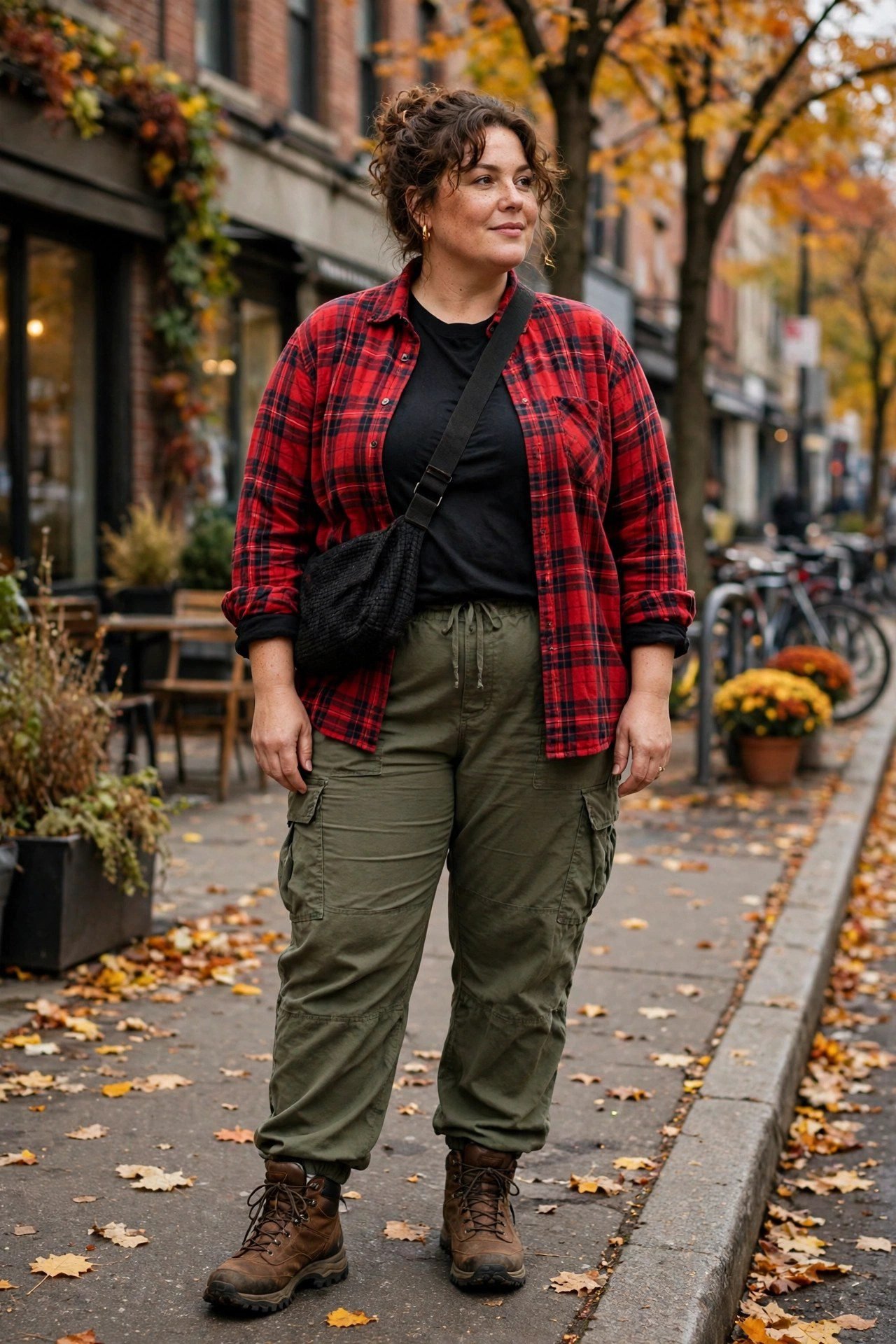 Plus size hiker boots with flannel and cargo pants for a rugged fall outfit